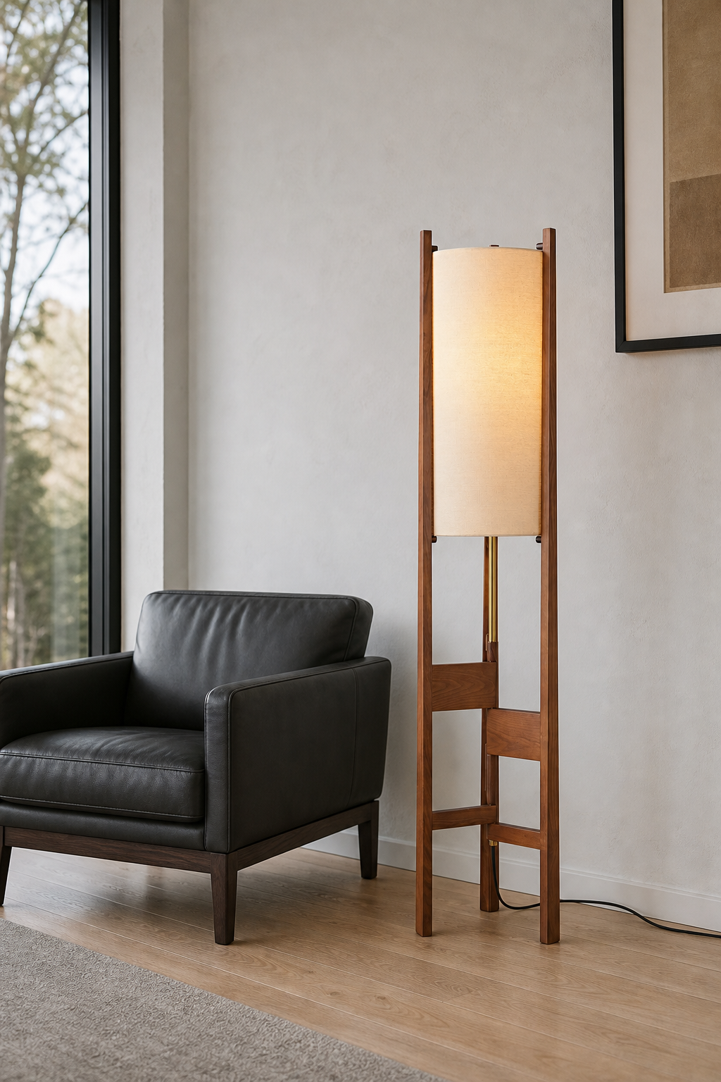 Ashverelle ash wood floor lamp — showroom setting, warm-lit lamp