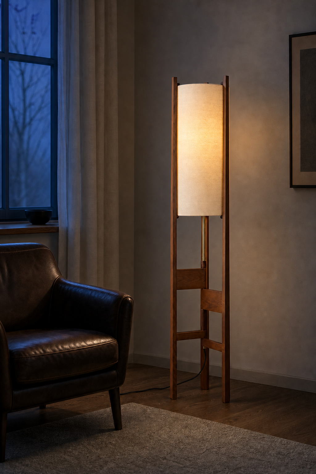 Ashverelle ash wood floor lamp — warm-lit night setting