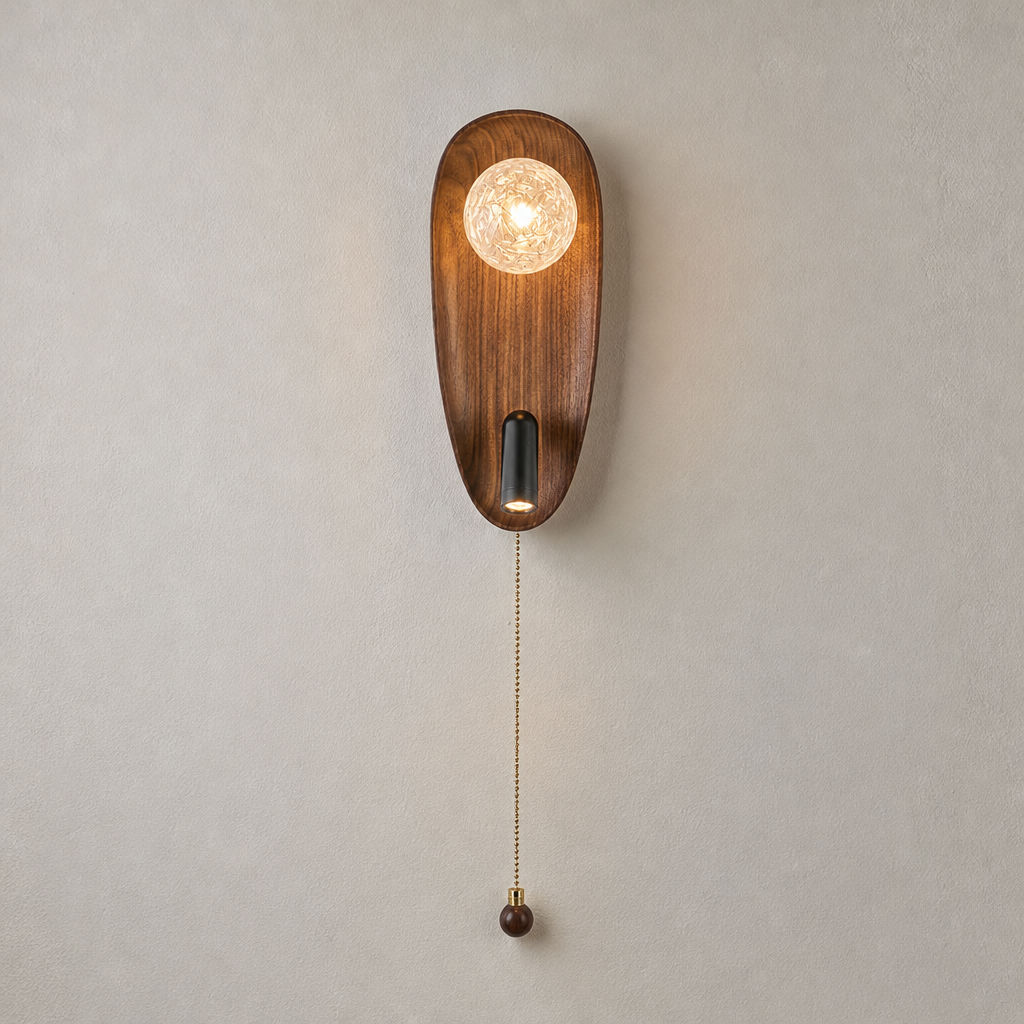 Oval Walnut & Glass Wall Sconce with textured glass globe and complete walnut backplate