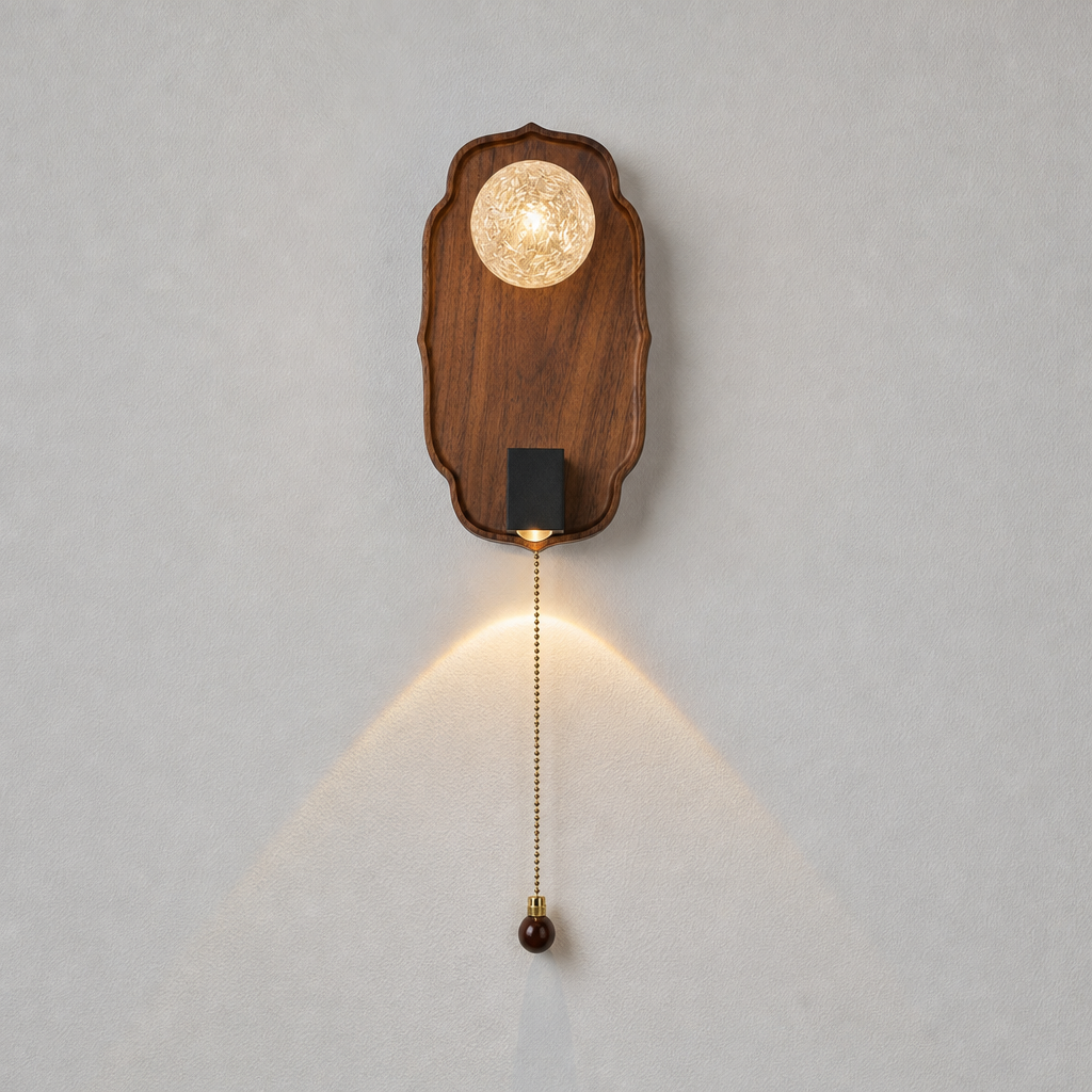 Scalloped Walnut & Glass Wall Sconce with textured glass globe and complete walnut backplate