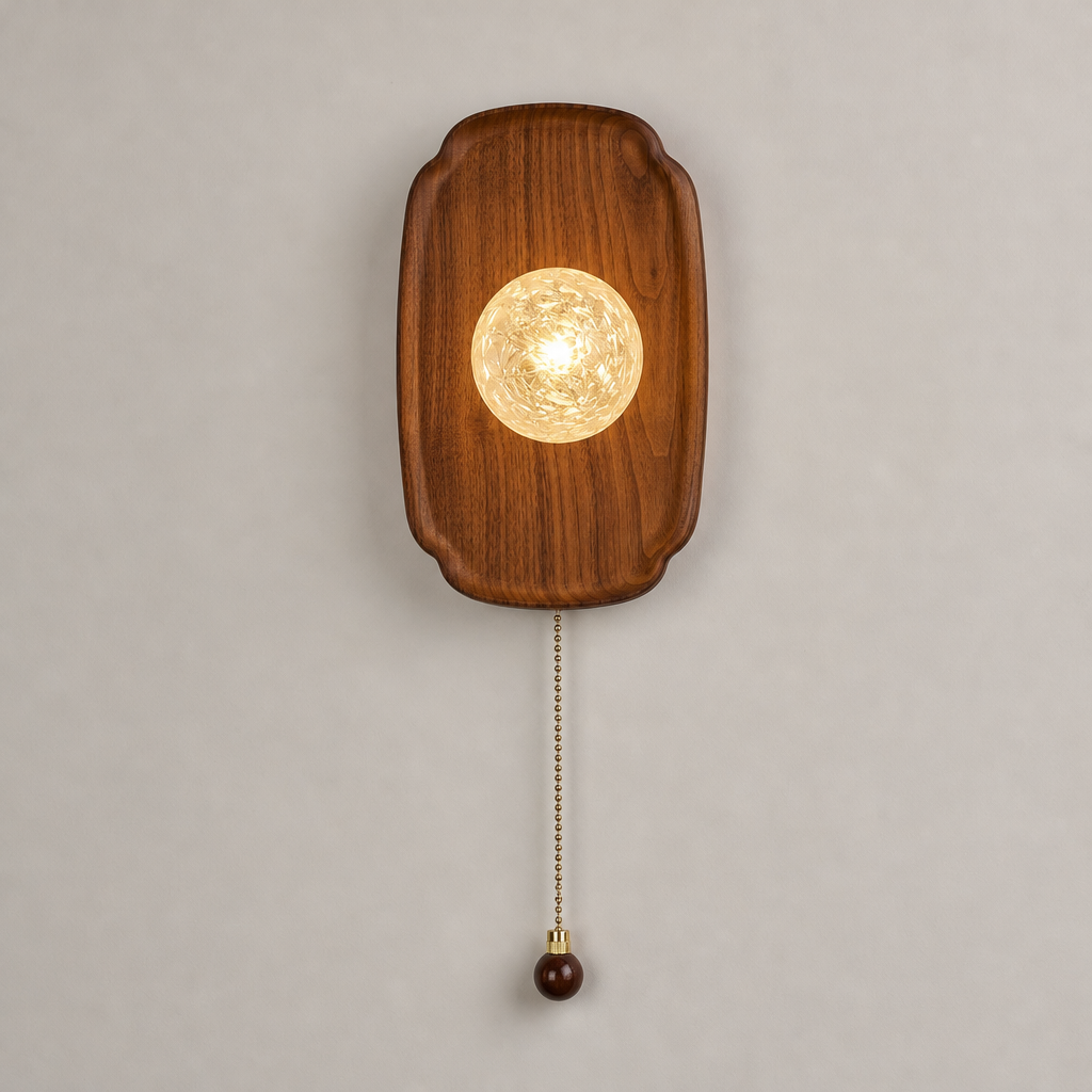 Rounded Walnut & Glass Wall Sconce with textured glass globe and complete walnut backplate