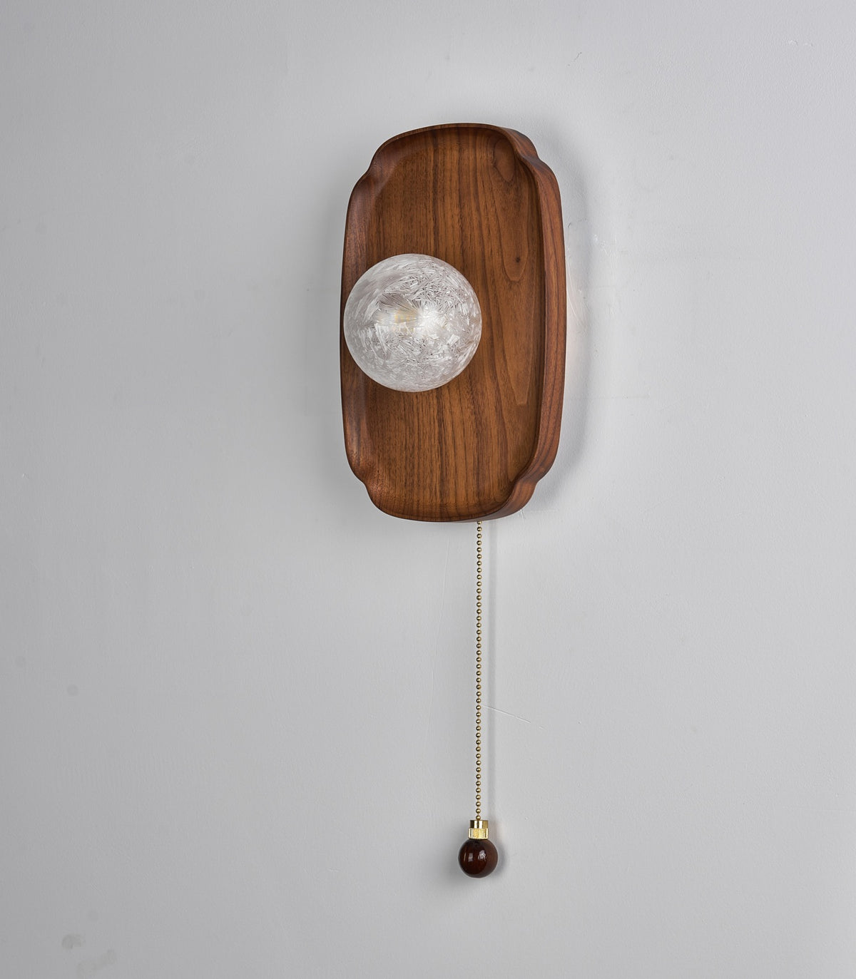 Rounded Walnut & Glass Wall Sconce actual photograph switched off