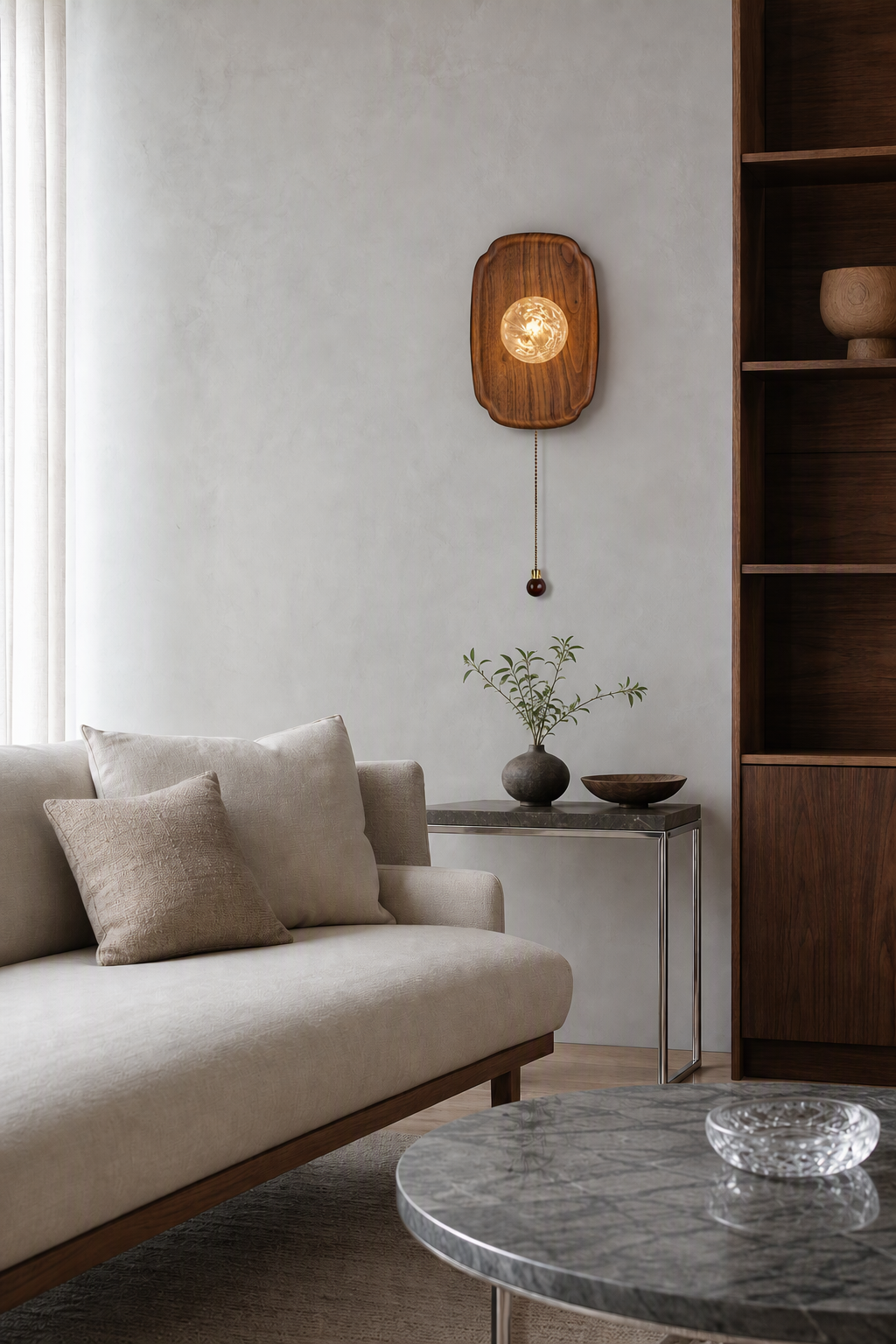 Rounded Walnut & Glass Wall Sconce in a living room with natural daylight