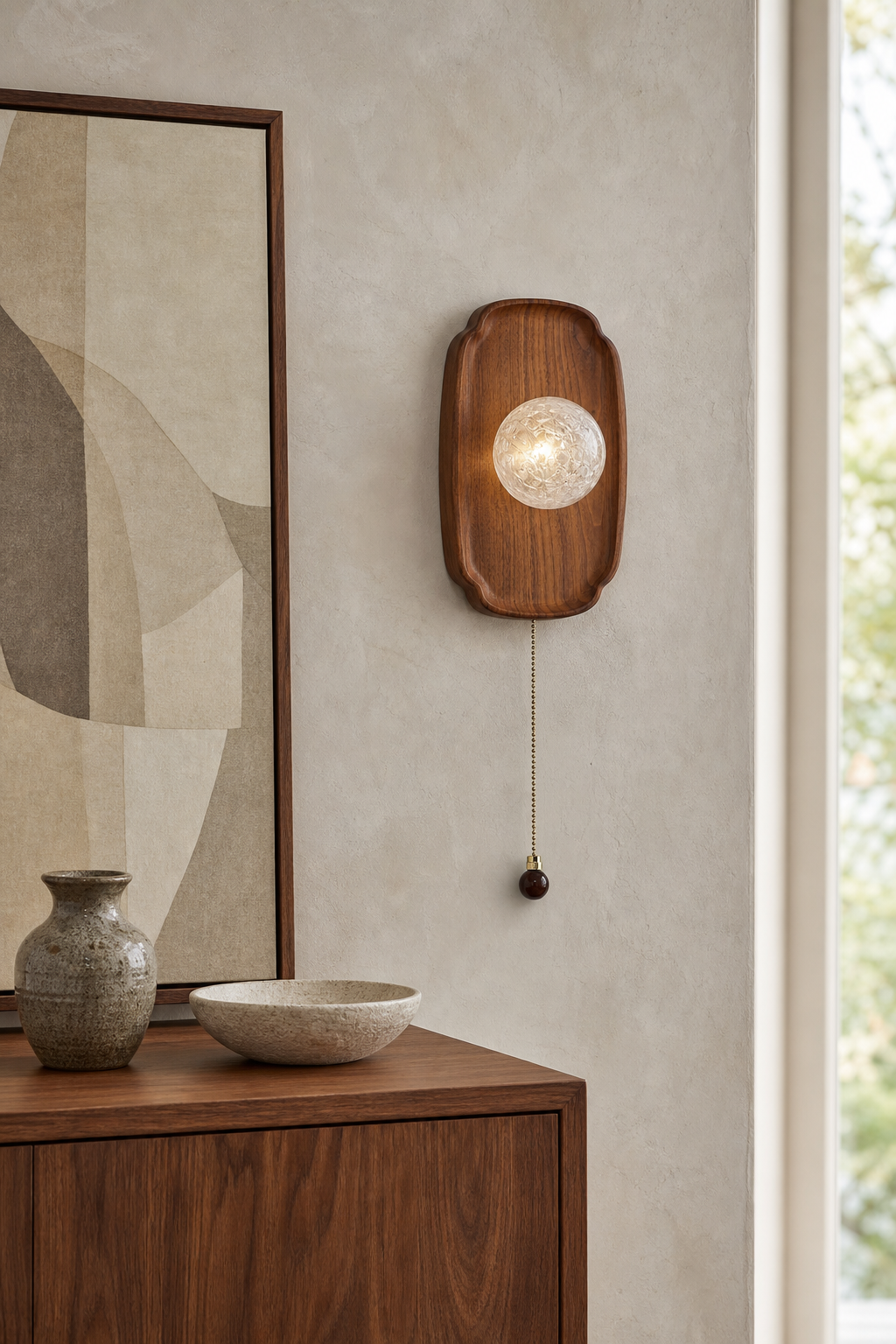 Rounded walnut and glass wall sconce displayed in a daylight gallery interior