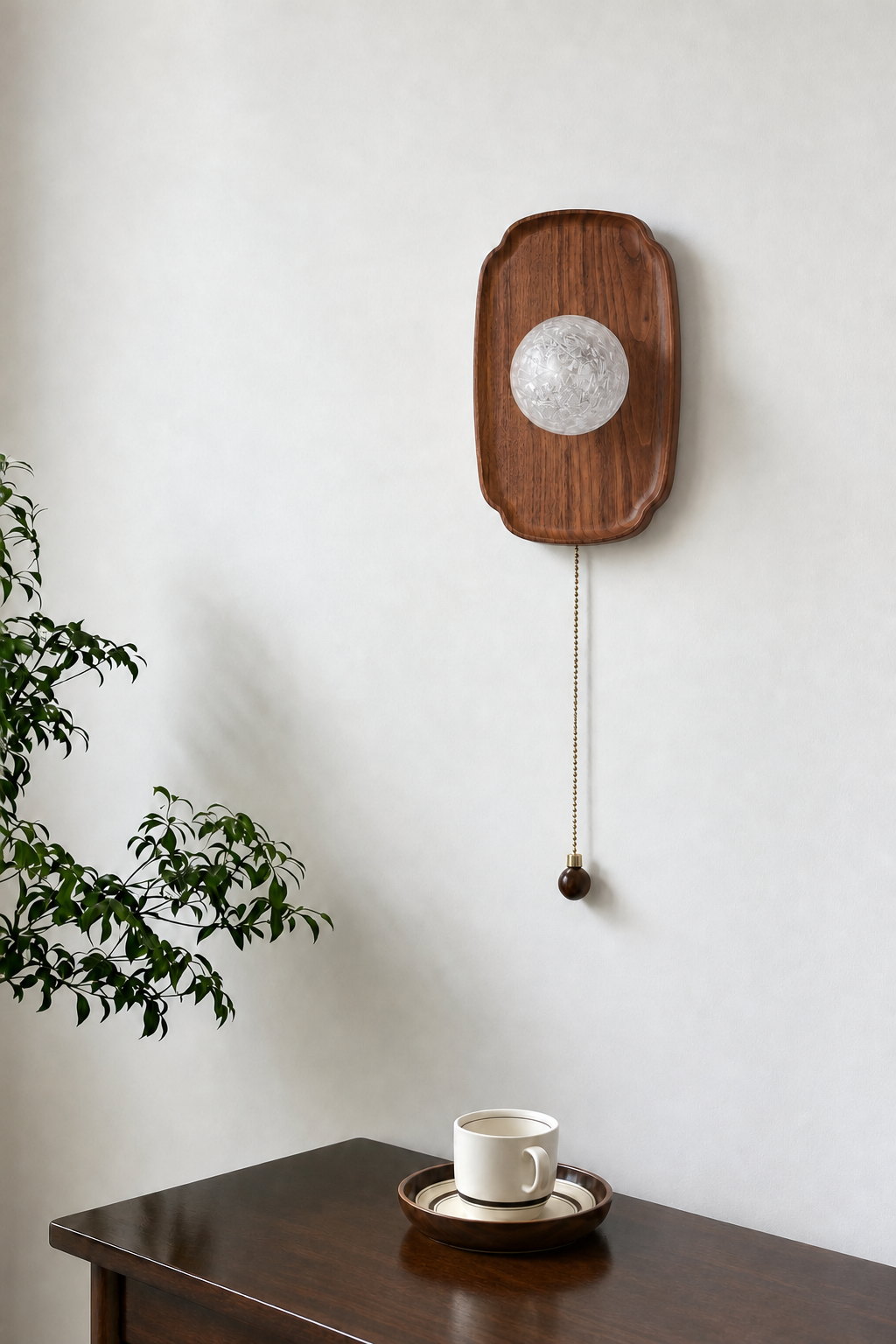 Rounded Walnut & Glass Wall Sconce in the original interior setting