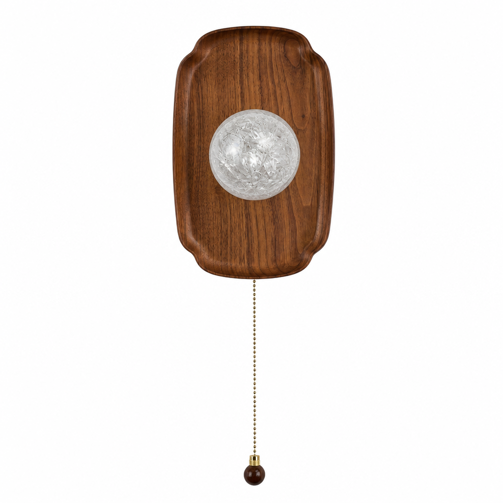 Rounded Walnut & Glass Wall Sconce switched off, complete fixture on a white background