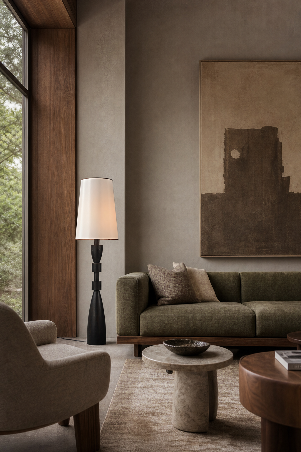 Camphor wood floor lamp in a broad lounge with warm wood furniture