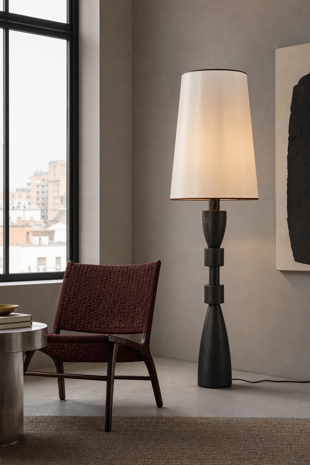 Camphor wood and fabric floor lamp in a bright urban apartment