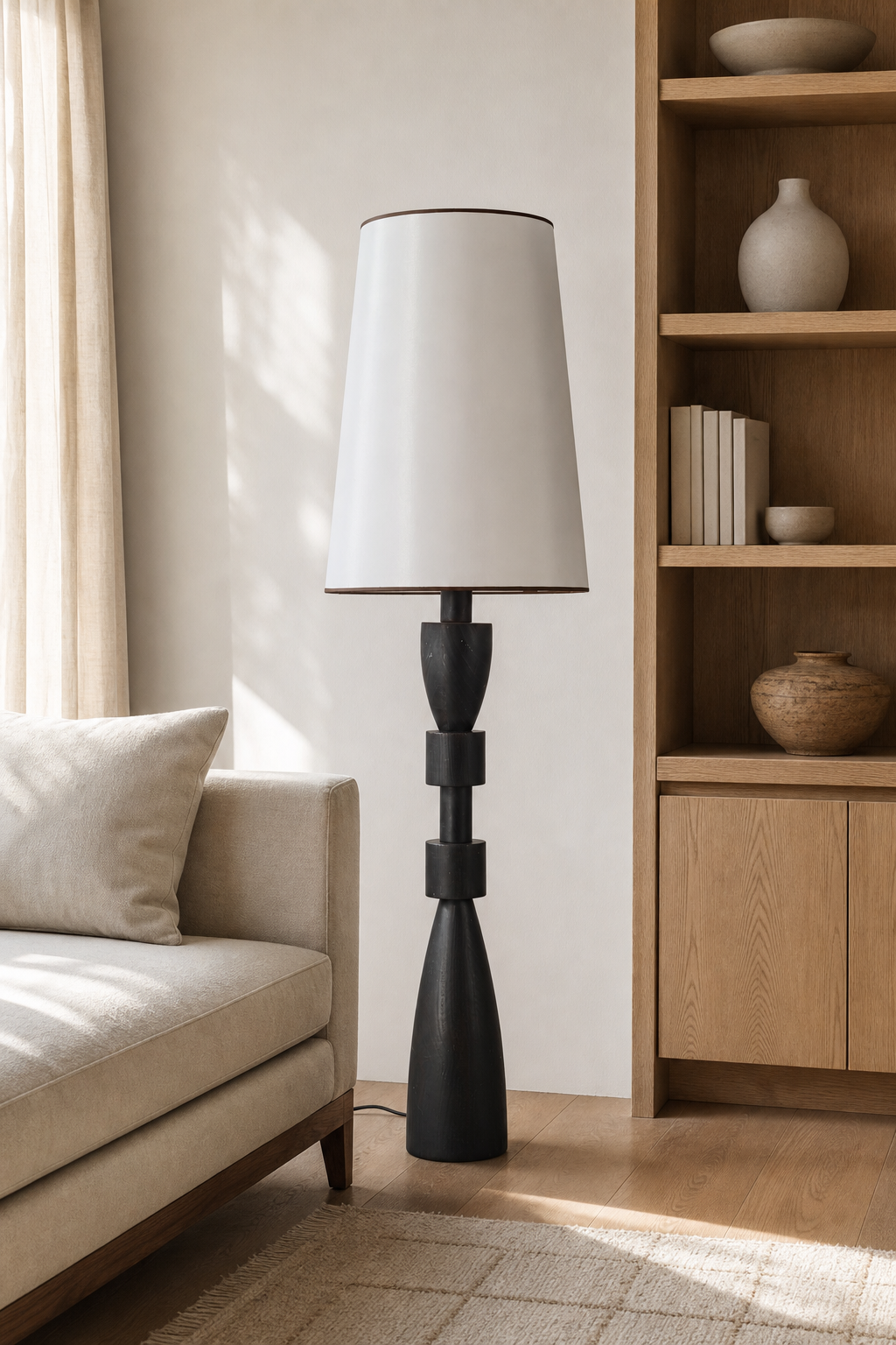 Unlit camphor wood floor lamp in a library with shelves and a reading seat