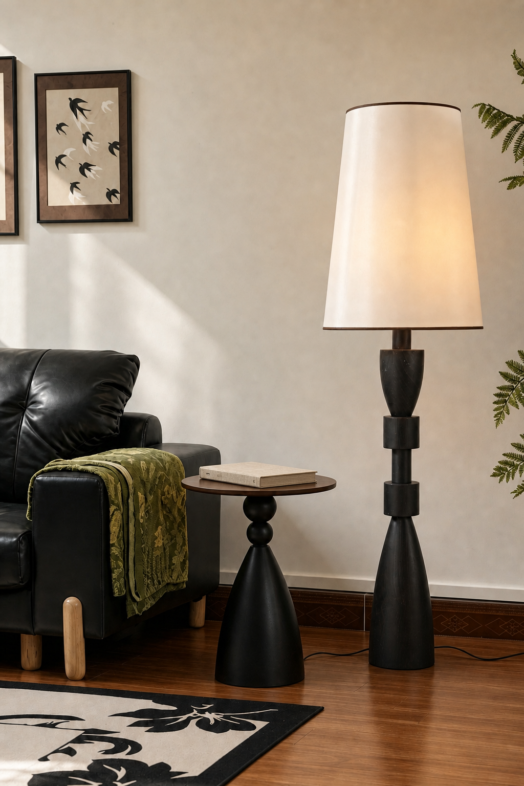 Camphor wood floor lamp beside a black leather sofa and sculptural round table