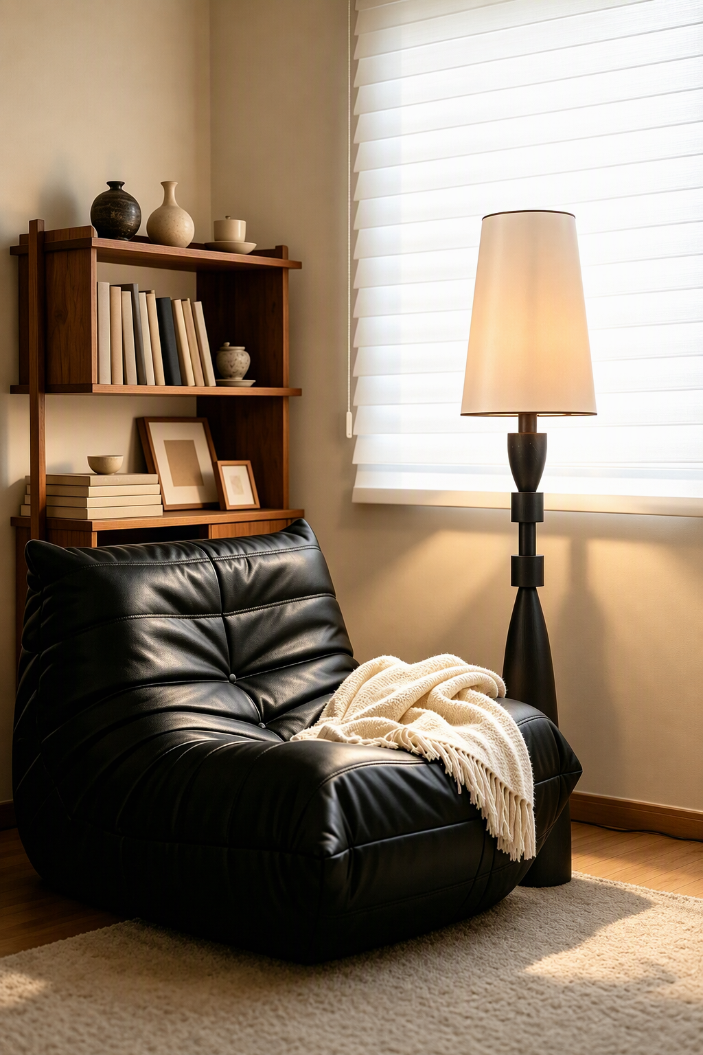 Camphor wood floor lamp near window blinds, shelving and a tufted black chair