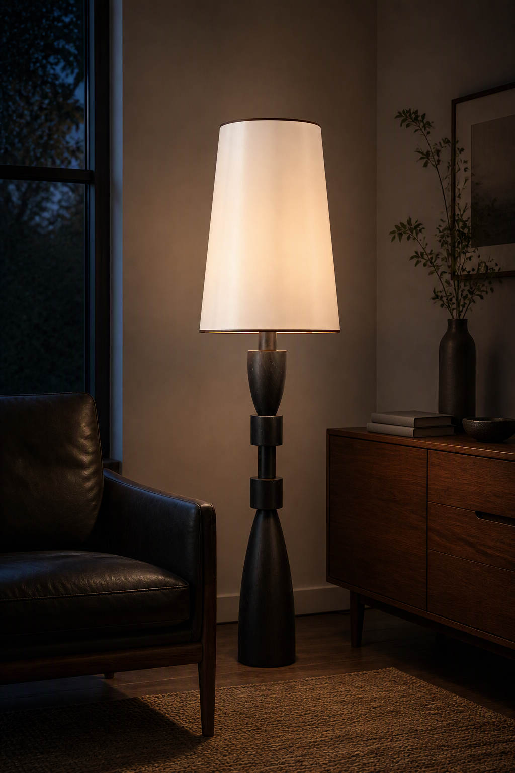 Camphor Wood & Fabric Floor Lamp illuminated in an evening living room