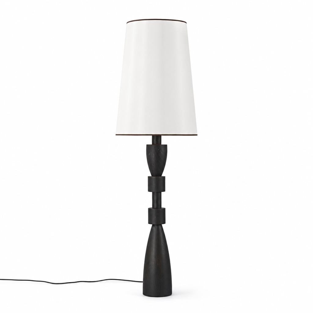 Complete black camphor wood floor lamp and white fabric shade on a pure white background
