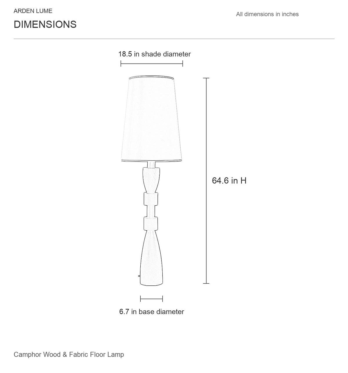 Camphor Wood & Fabric Floor Lamp dimension diagram showing overall height, shade diameter and base diameter in inches