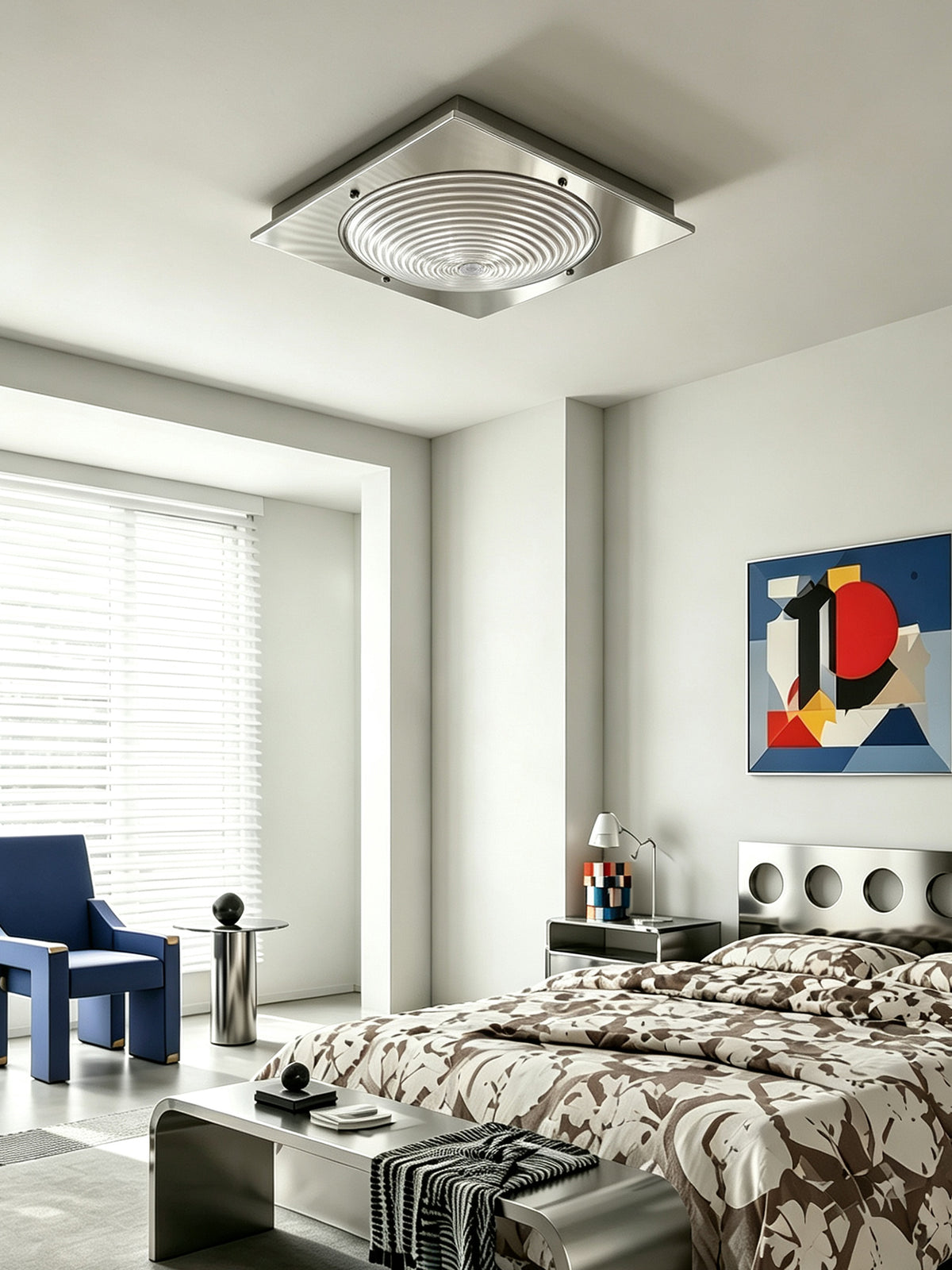 Unlit glass ceiling light in a modern bedroom, original room photograph