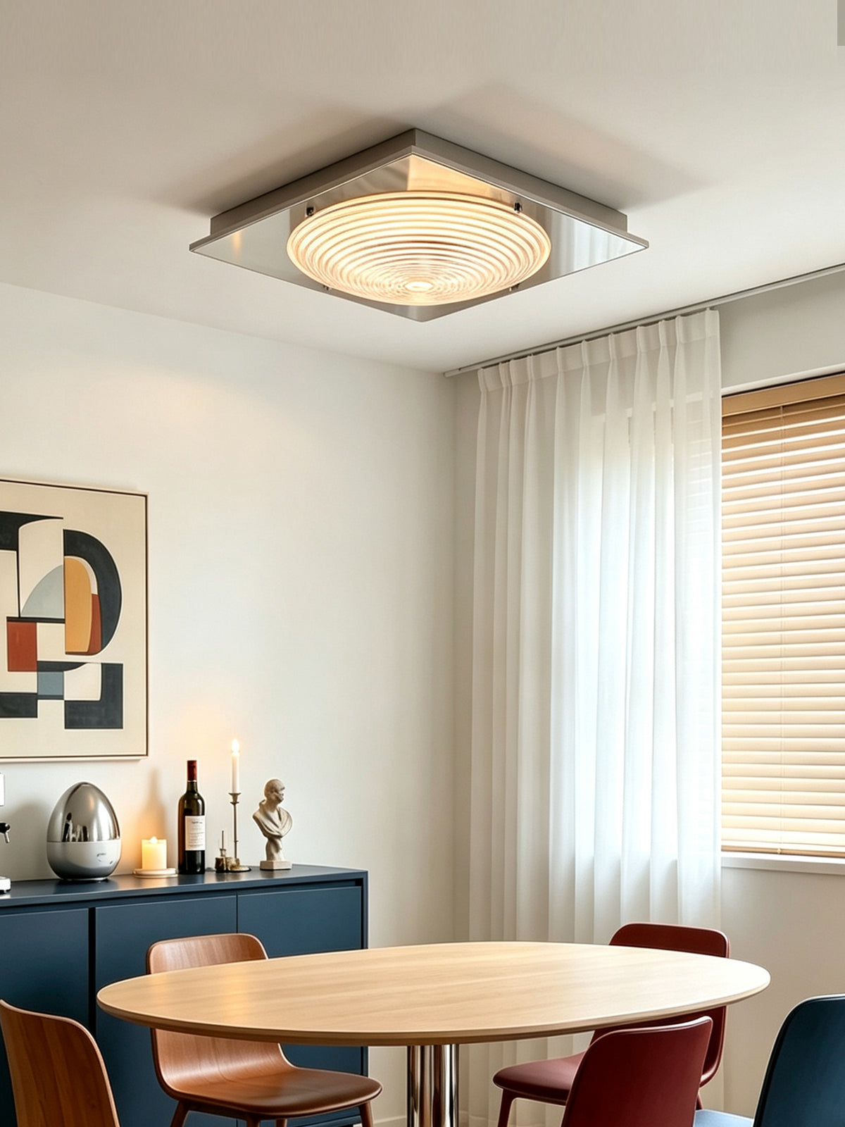 Illuminated glass ceiling light above a dining table, original room photograph