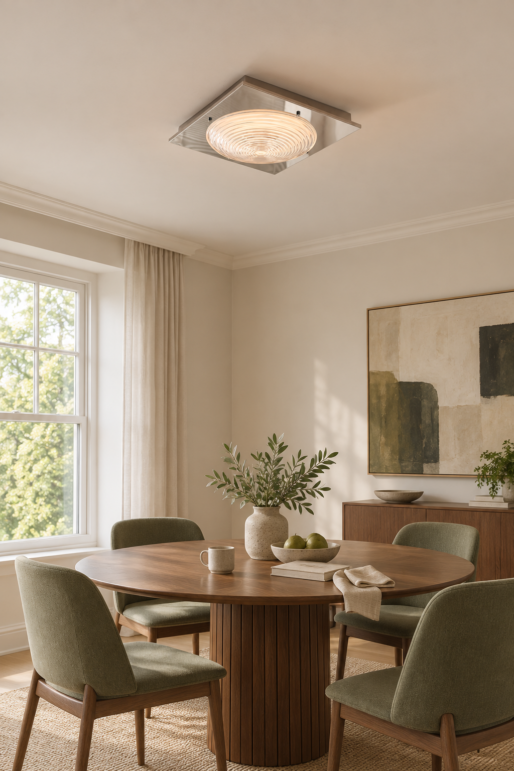 Illuminated glass ceiling light above a walnut dining table