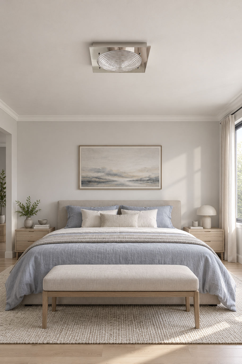 Unlit clear-glass ceiling light above a blue-gray bed