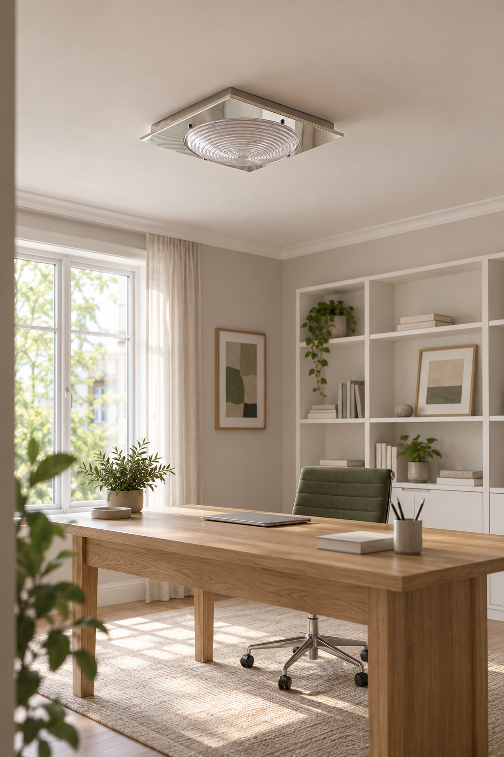 Unlit glass ceiling light in a bright oak study
