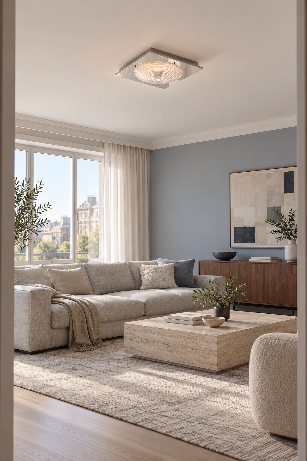 Illuminated glass ceiling light above a contemporary gray sofa