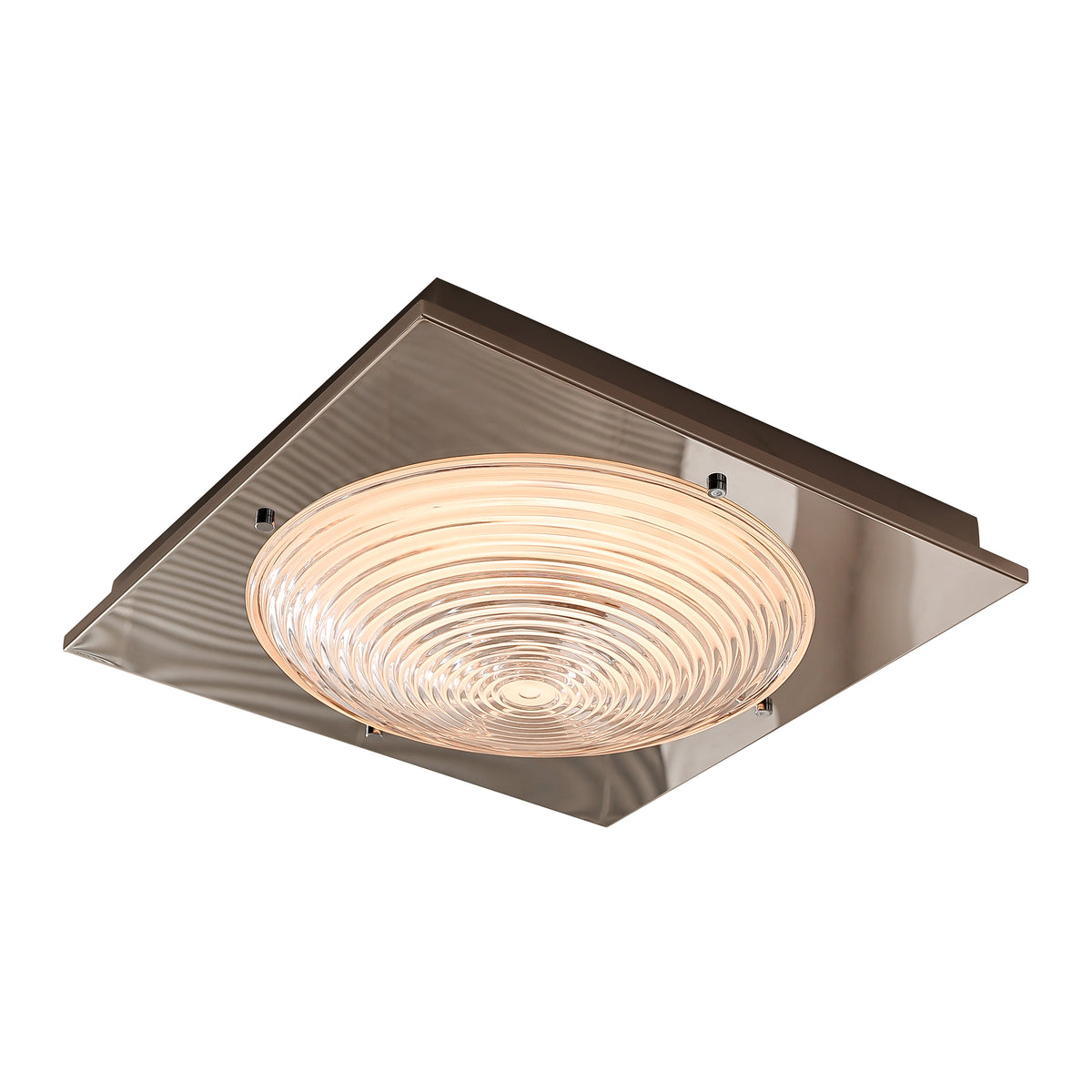 Complete illuminated concentric glass and steel ceiling light on white