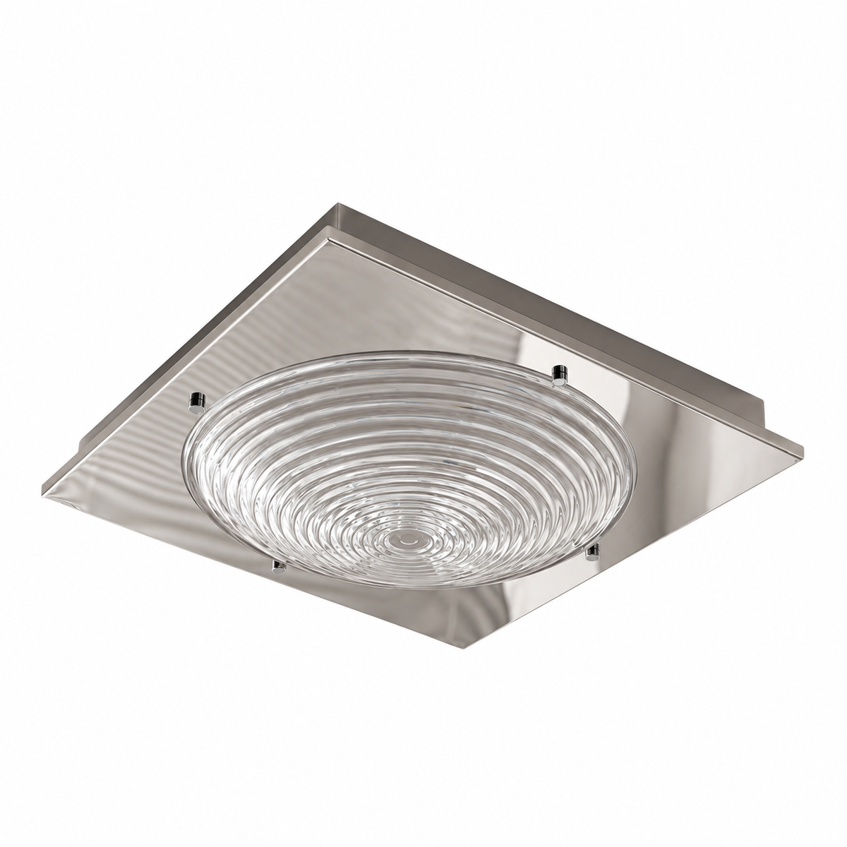 Complete unlit clear-glass ceiling light and square mirrored plate on white