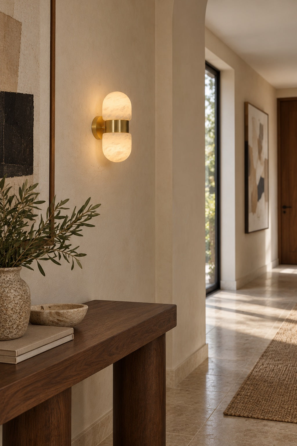 Alabaster Double Capsule Wall Sconce — Natural copper sconce in a warm entrance hallway