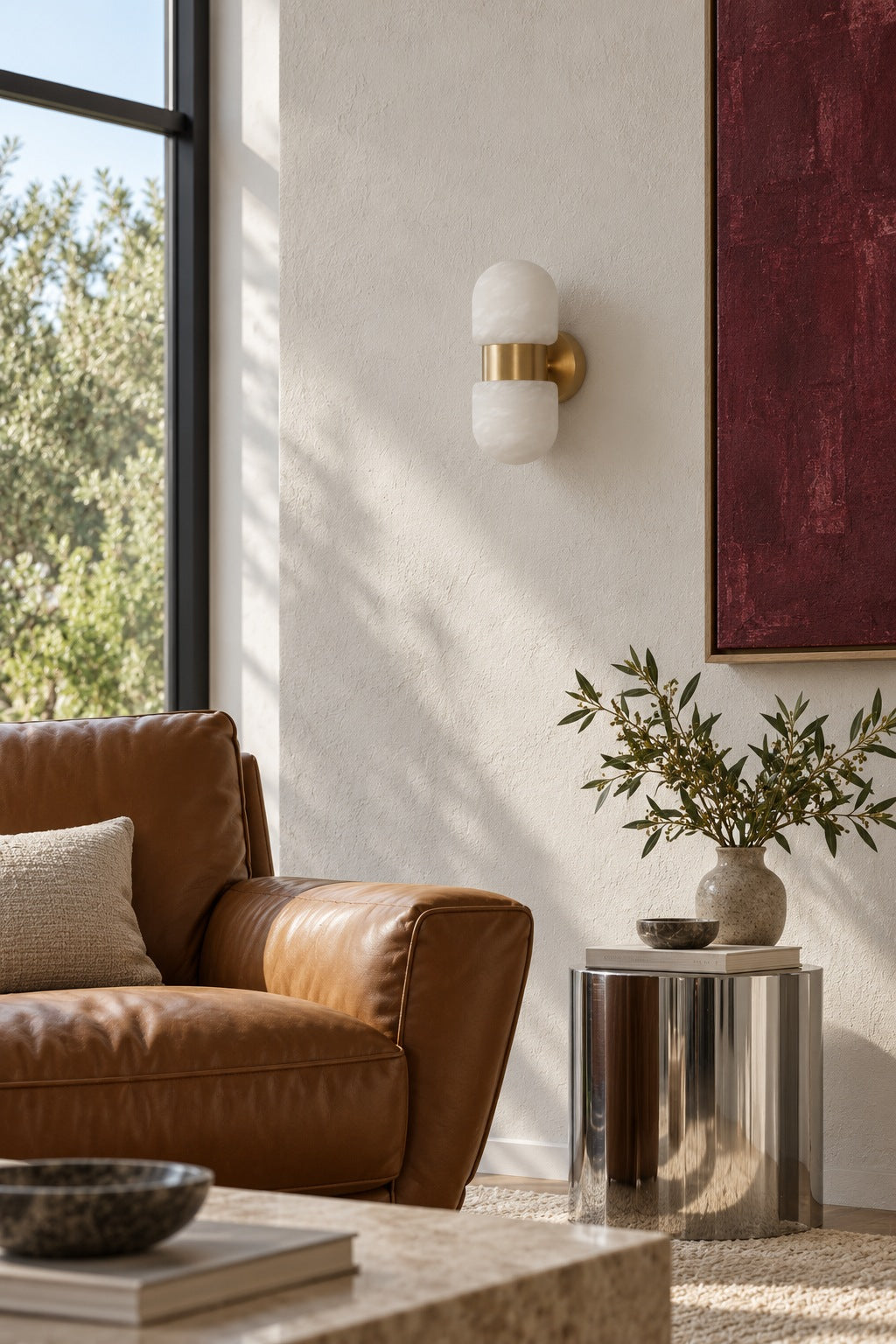 Alabaster Double Capsule Wall Sconce — Unlit natural copper sconce in a living room