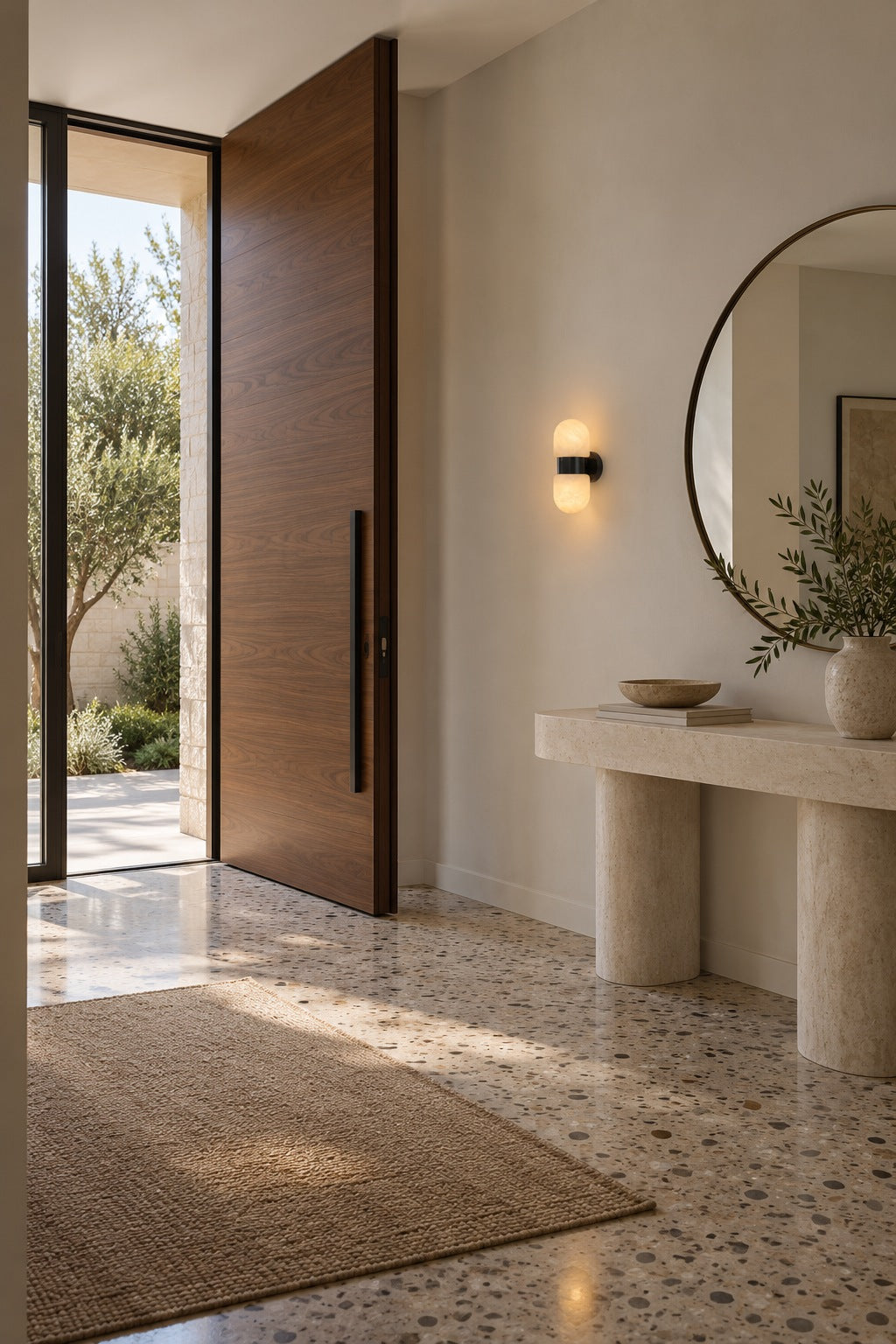 Alabaster Double Capsule Wall Sconce — Black sconce in a spacious foyer
