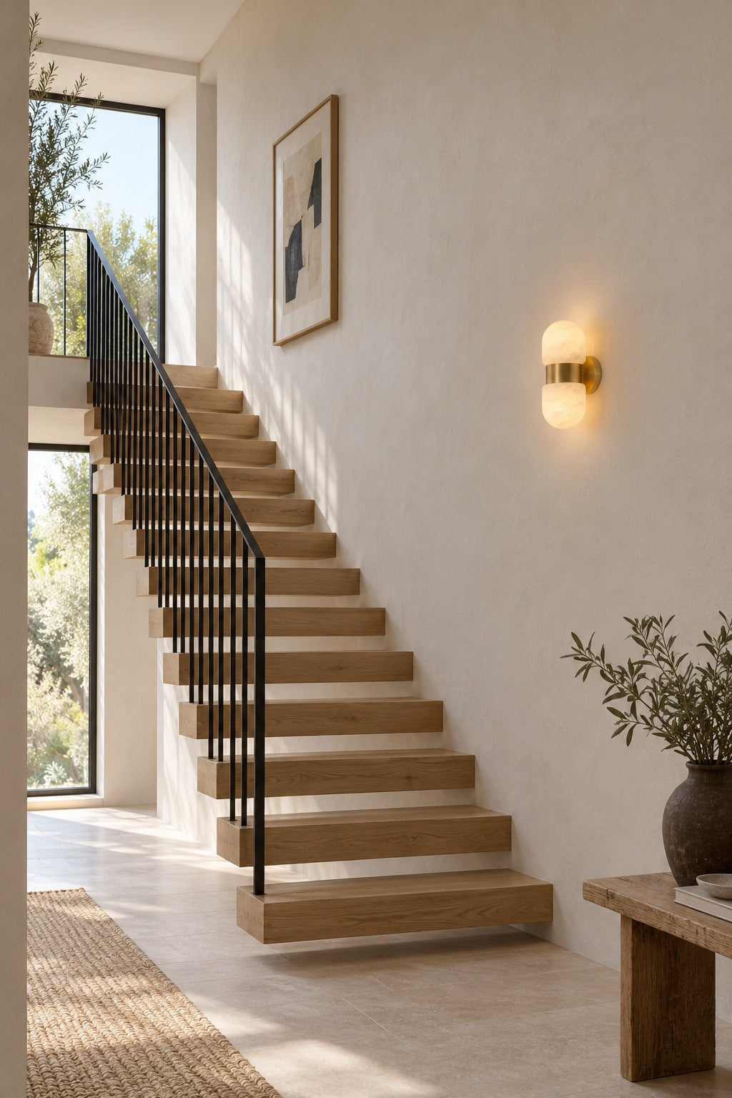 Alabaster Double Capsule Wall Sconce — Natural copper sconce beside a staircase