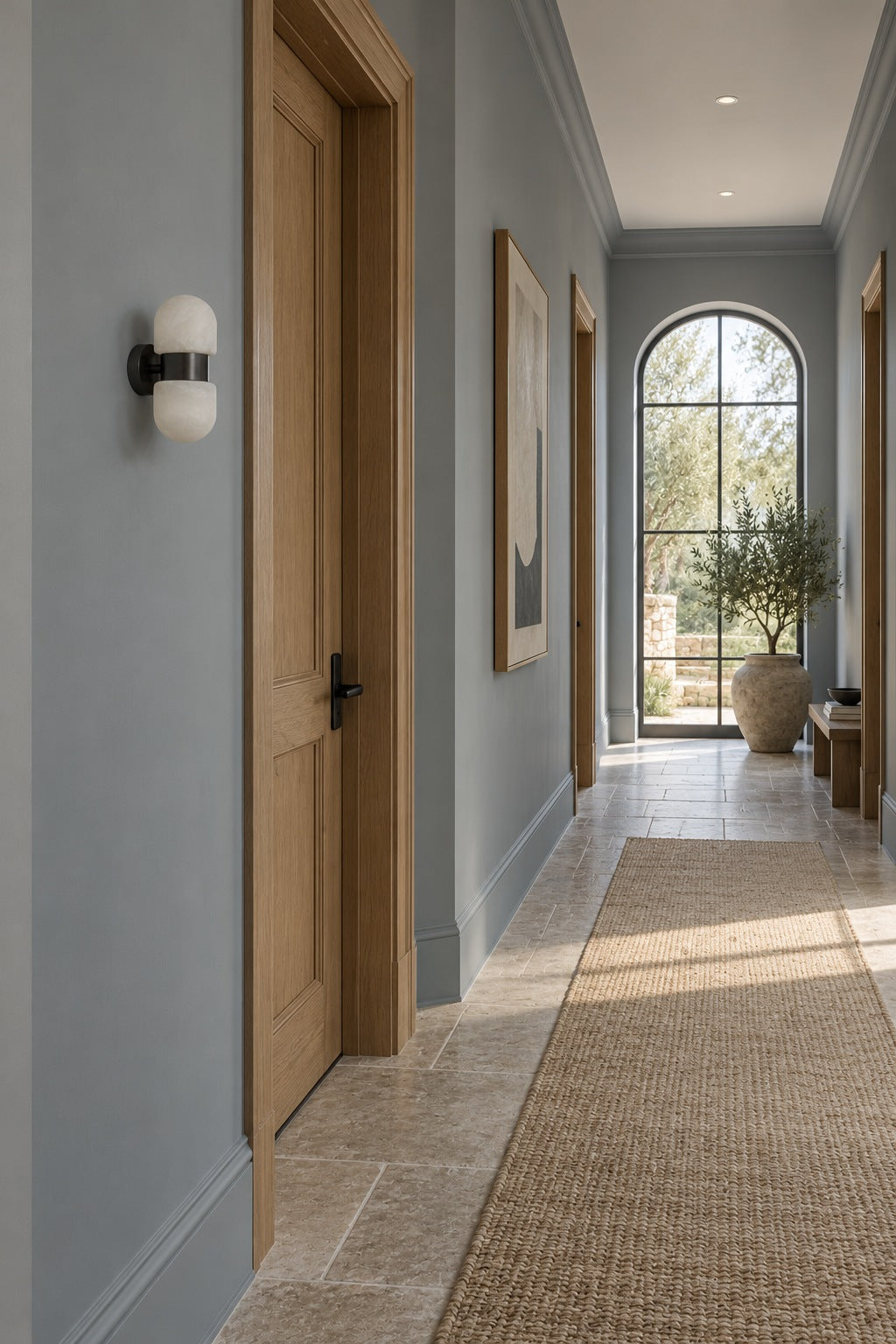 Alabaster Double Capsule Wall Sconce — Unlit black sconce in a hallway