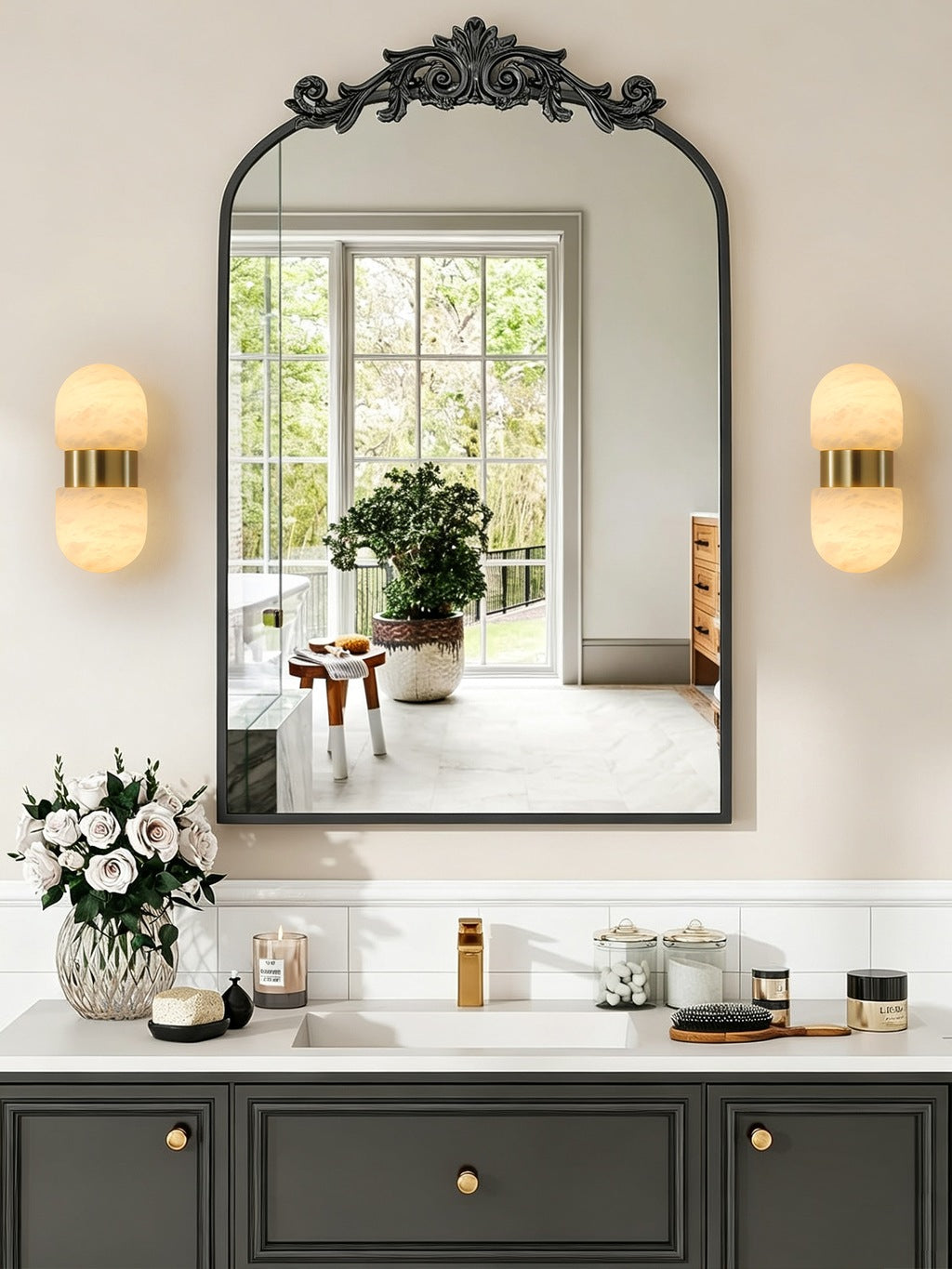 Alabaster Double Capsule Wall Sconce — Natural copper sconces beside a bathroom vanity