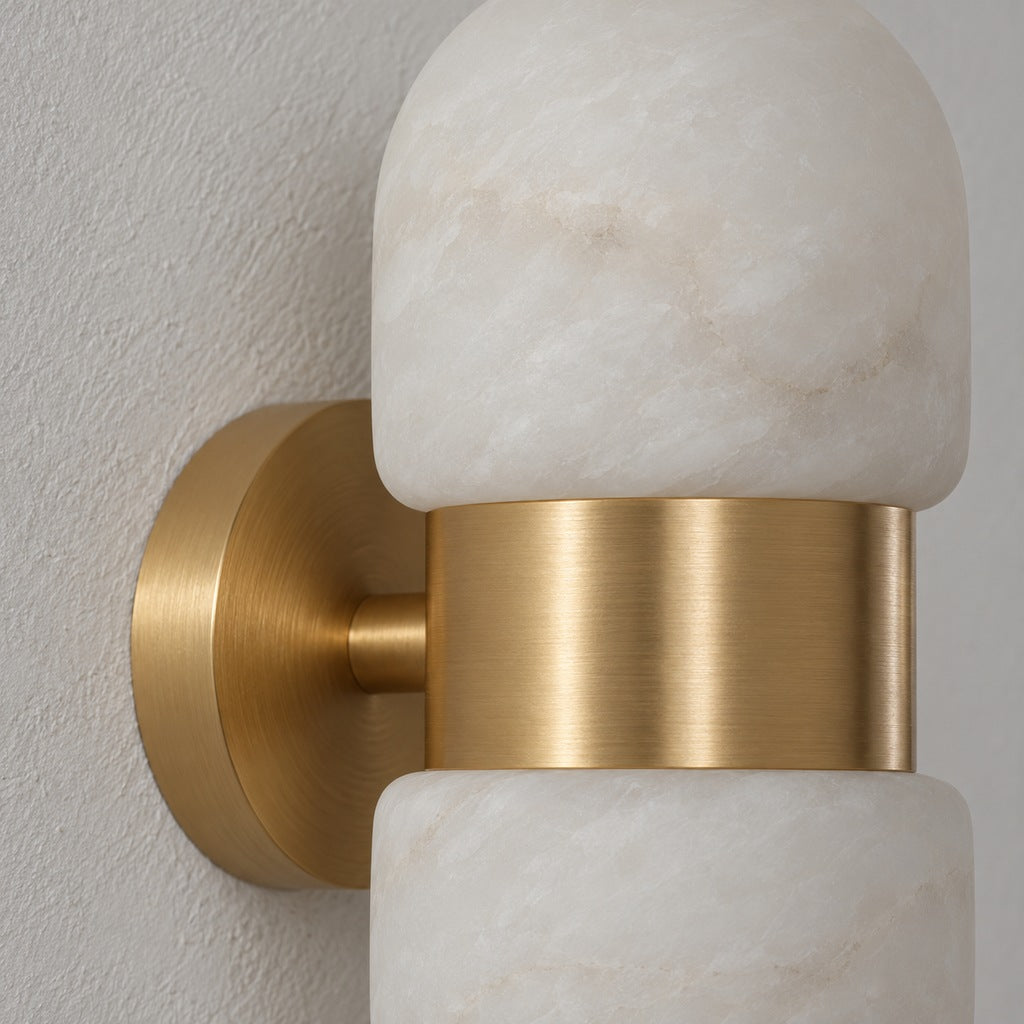 Alabaster Double Capsule Wall Sconce — Close-up showing alabaster veining and copper hardware