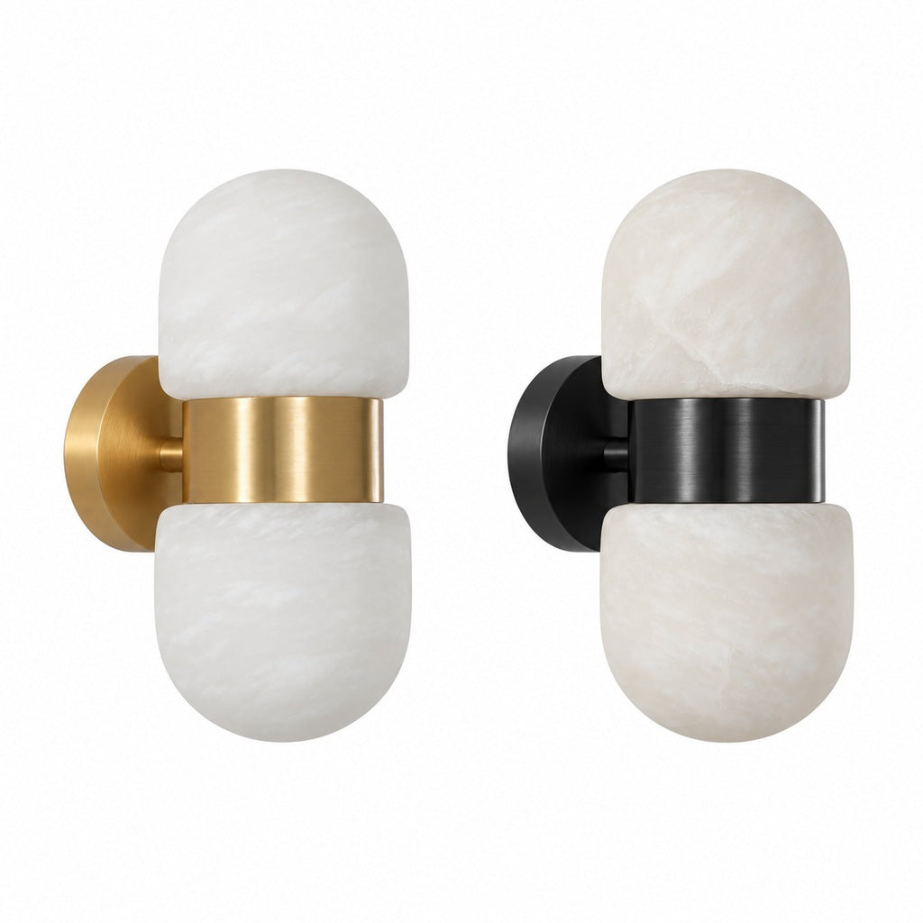 Alabaster Double Capsule Wall Sconce — Both finish options on a pure white background