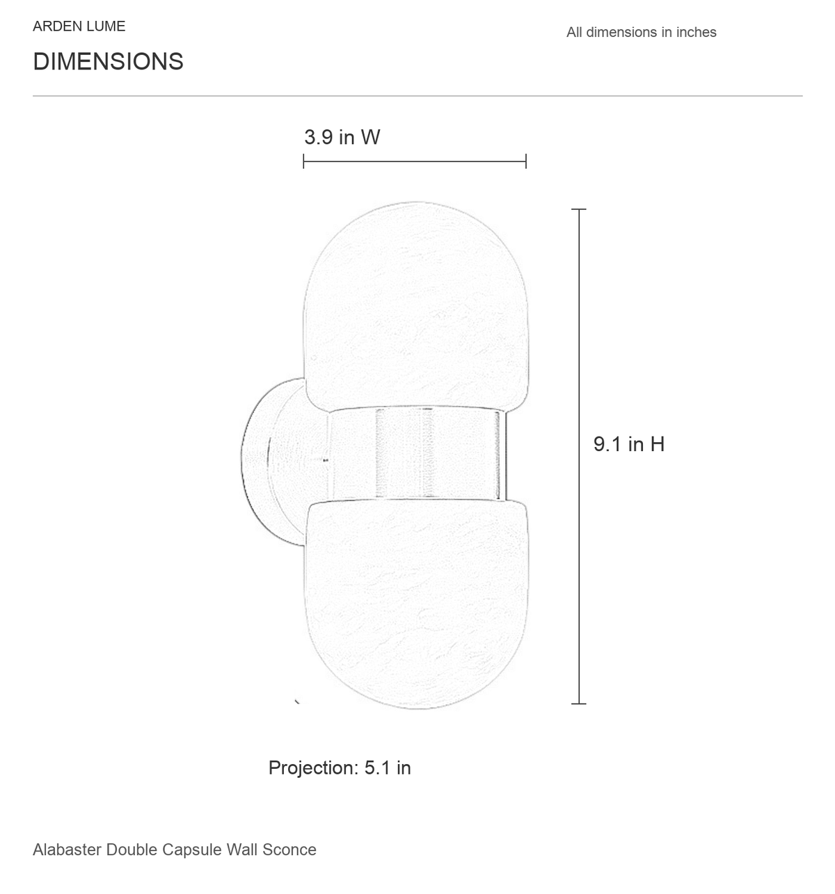 Alabaster Double Capsule Wall Sconce dimension diagram showing 3.9 inch width, 9.1 inch height and 5.1 inch projection