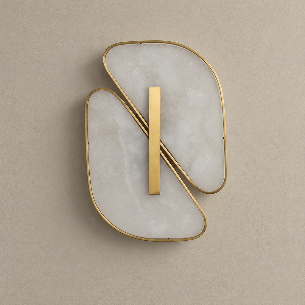 Unlit double-petal alabaster wall sconce with copper-color rims on a warm grey wall