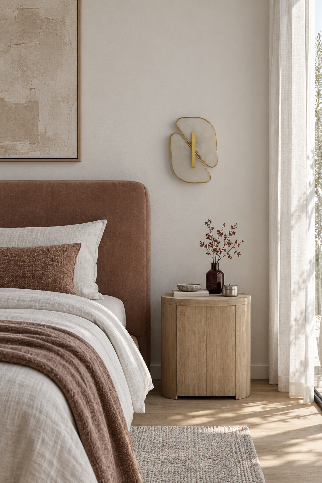 Unlit double-petal alabaster sconce beside a clay-colored bedroom headboard