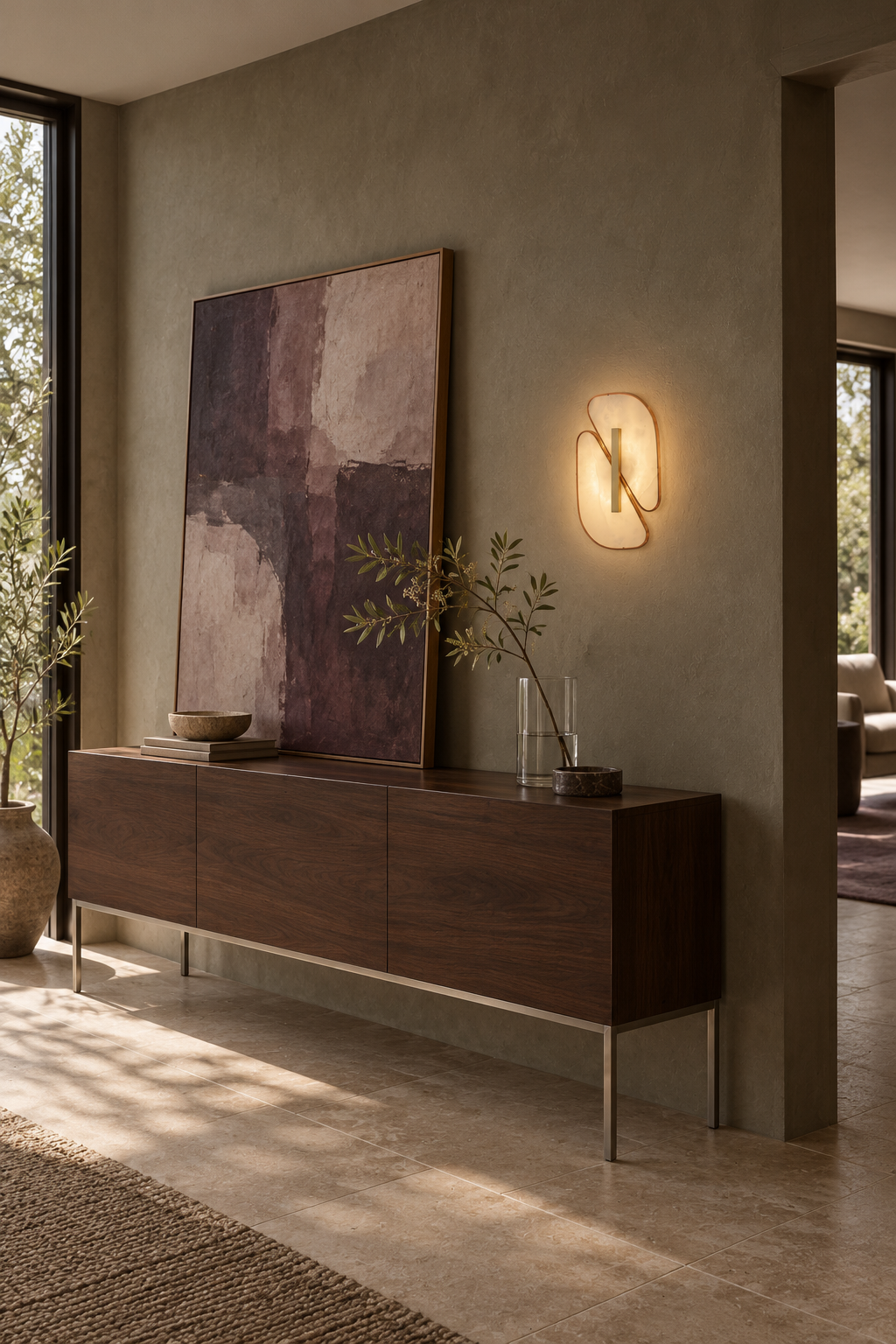 Illuminated double-petal alabaster sconce above a walnut foyer console