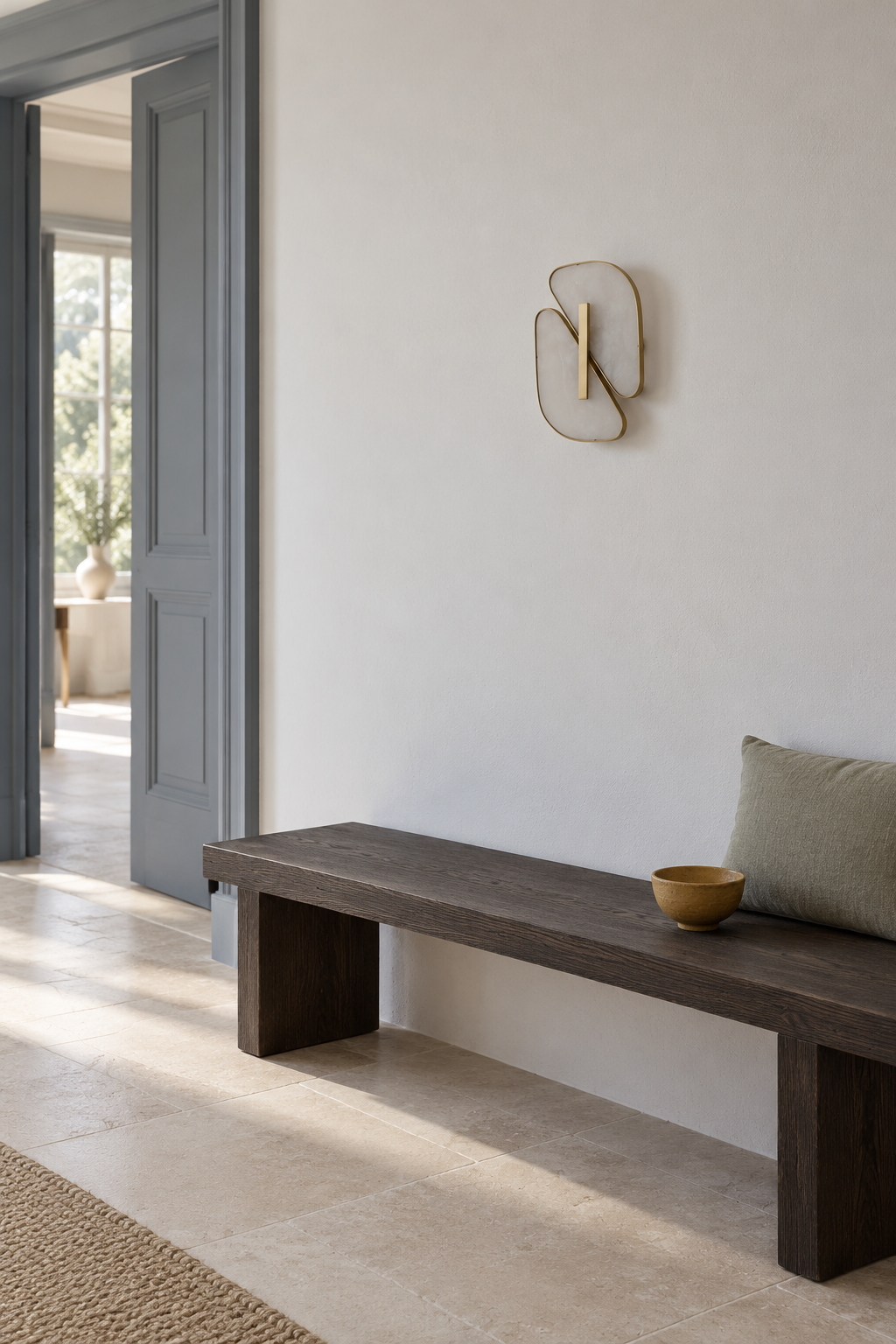 Unlit double-petal alabaster sconce above a dark oak hallway bench