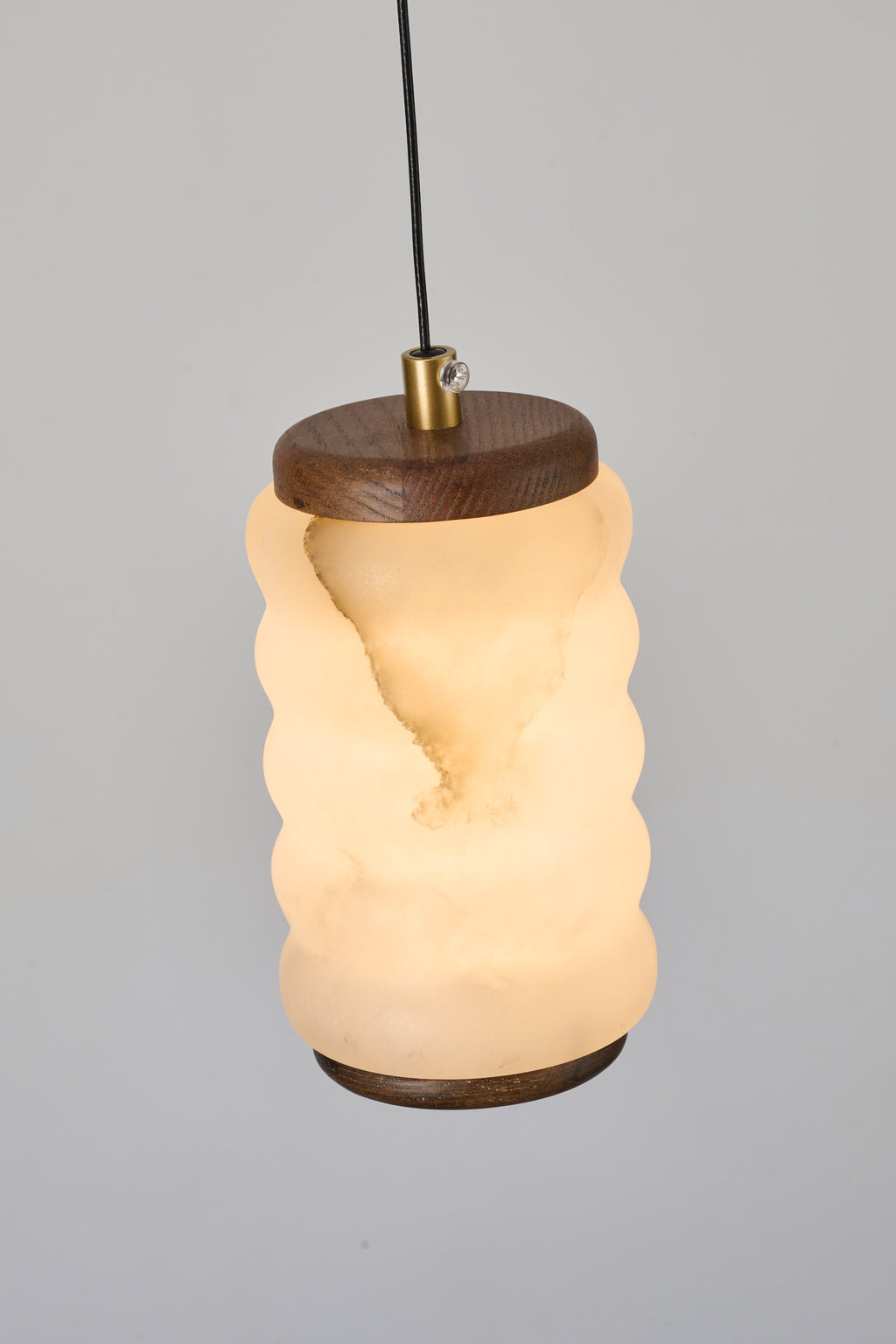 Ruvellune small pendant — real wood connection detail, switched on