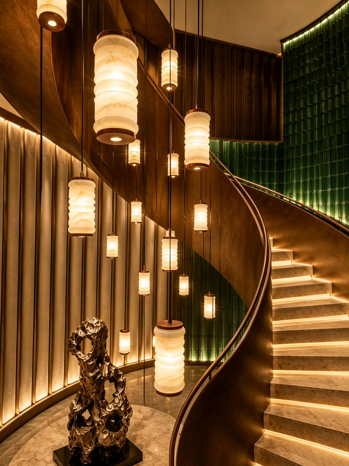 Ruvellune stone pendants beside a curved staircase, close view of separately sold fixtures