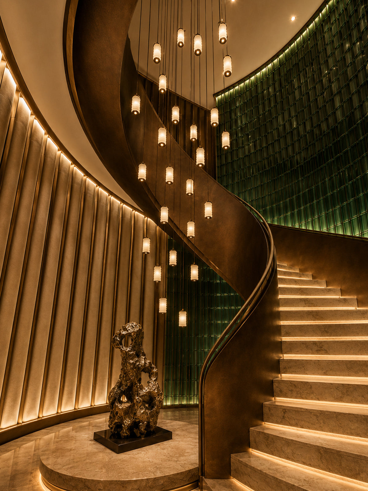 Ruvellune stone pendants in a tall curved stairwell, wide view of separately sold fixtures