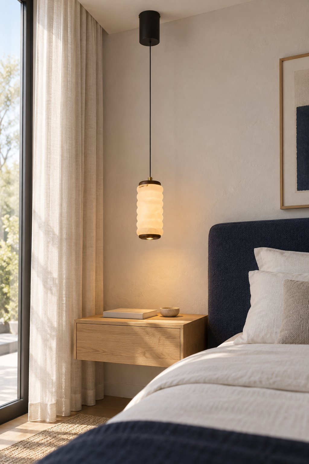 Ruvellune large stone pendant in a bedside interior, switched on