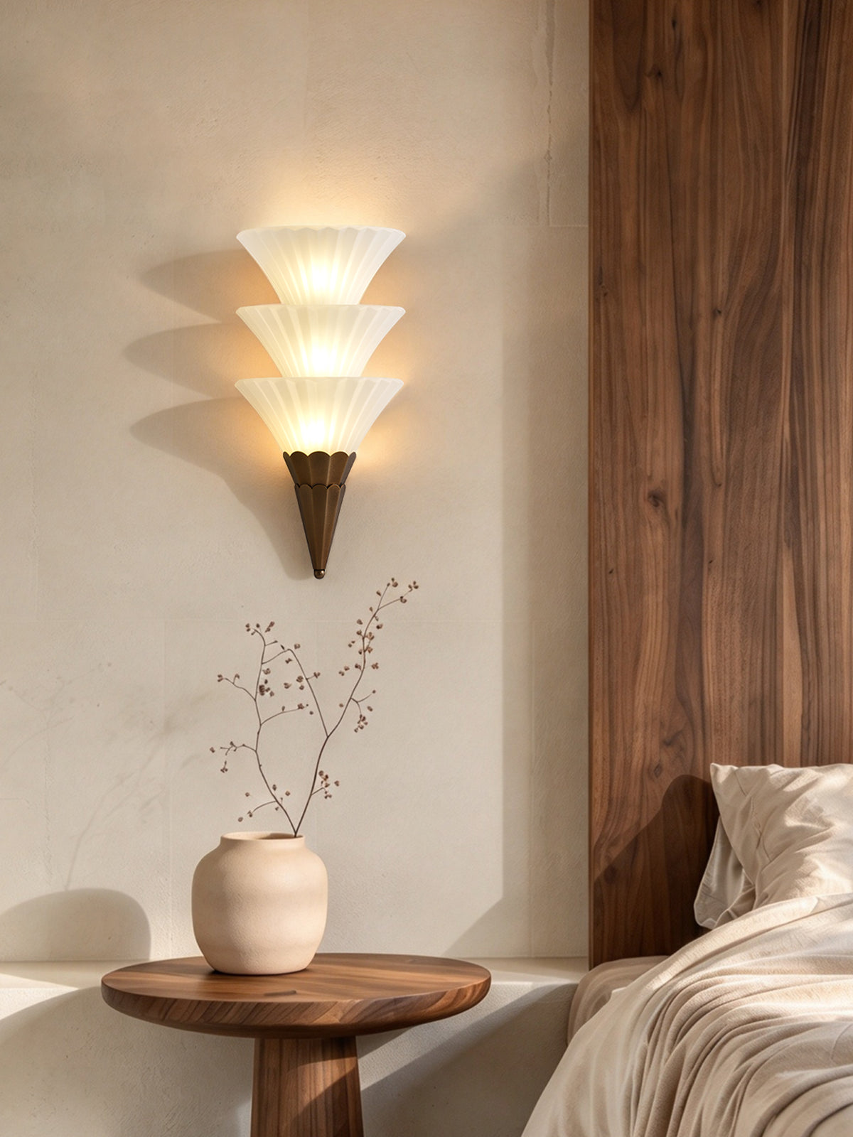 Fanelisse fluted glass wall sconce in Antique Bronze - Three-tier original bedside scene
