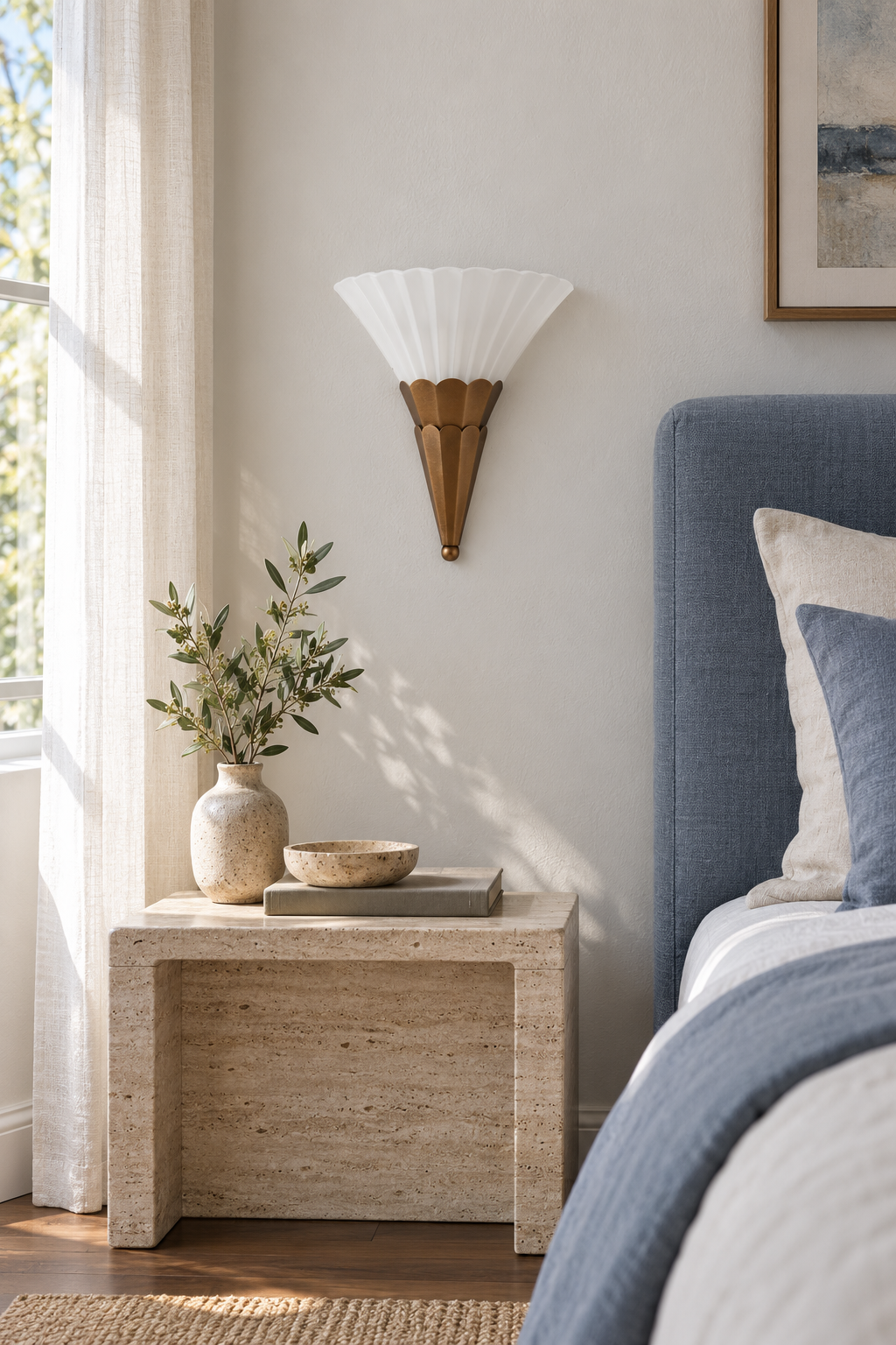Fanelisse fluted glass wall sconce in Antique Bronze - One-tier daylight bedroom, unlit