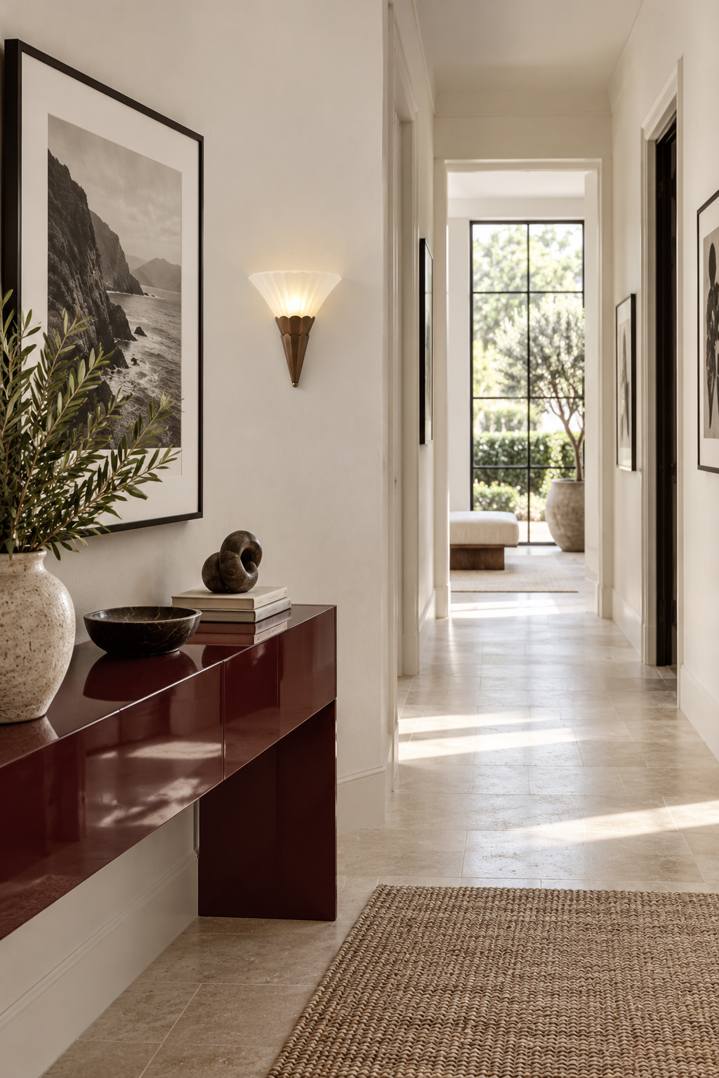 Fanelisse fluted glass wall sconce in Antique Bronze - One-tier daylight hallway, warm light