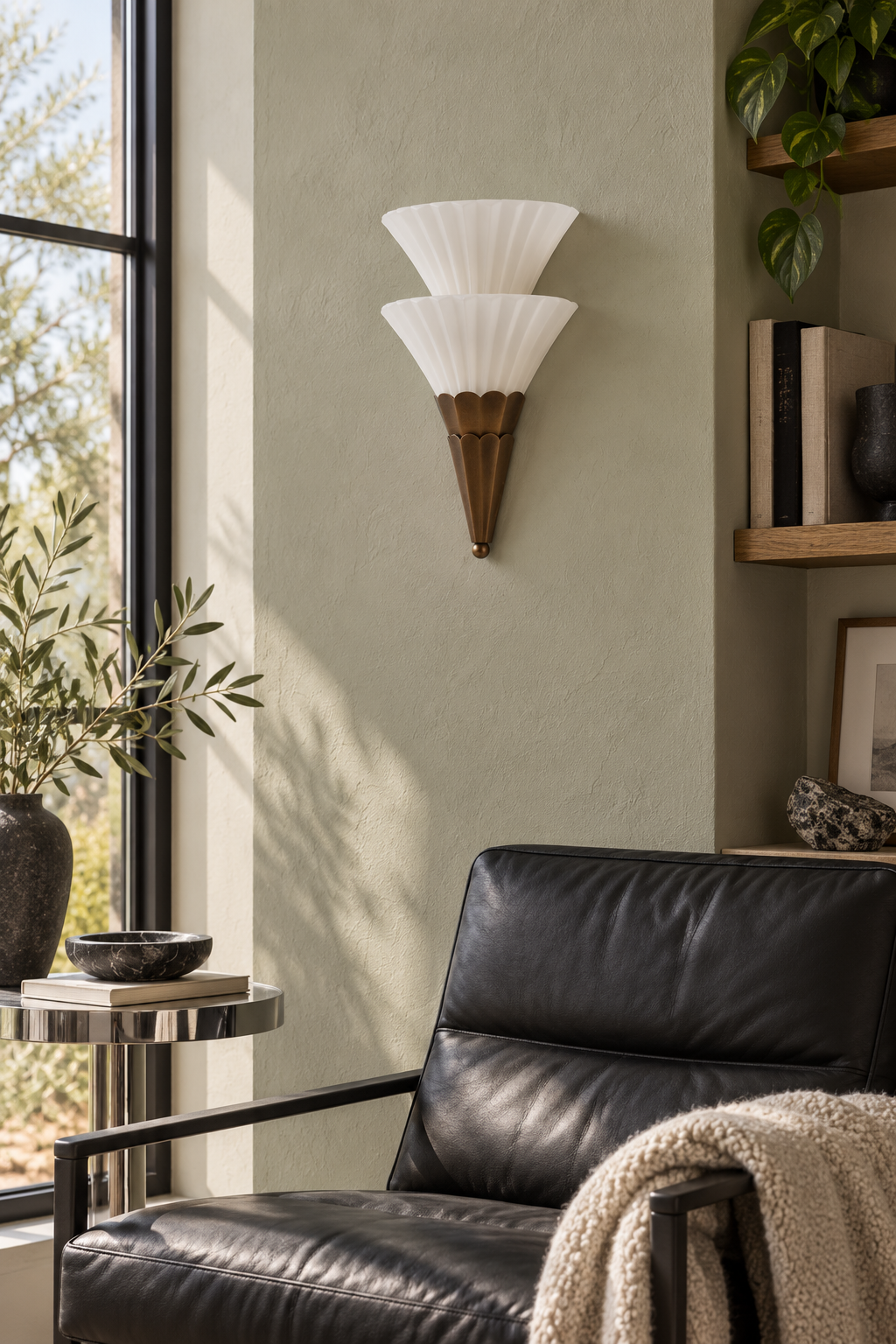 Fanelisse fluted glass wall sconce in Antique Bronze - Two-tier daylight reading corner, unlit