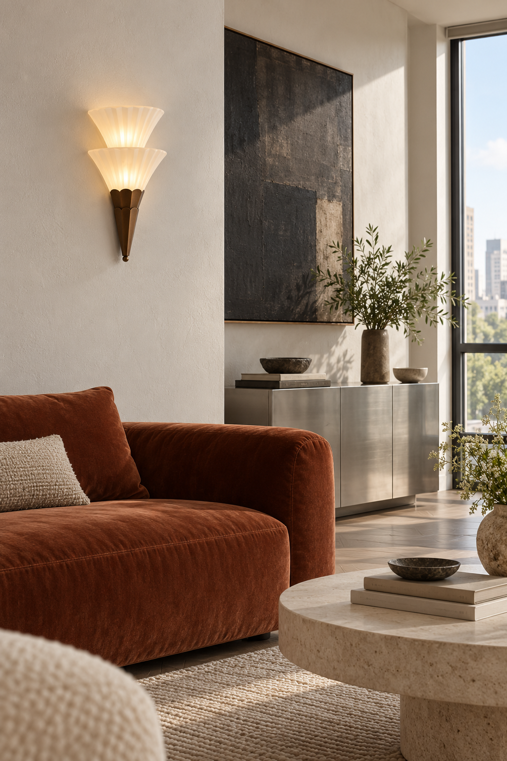 Fanelisse fluted glass wall sconce in Antique Bronze - Two-tier daylight living room, warm light