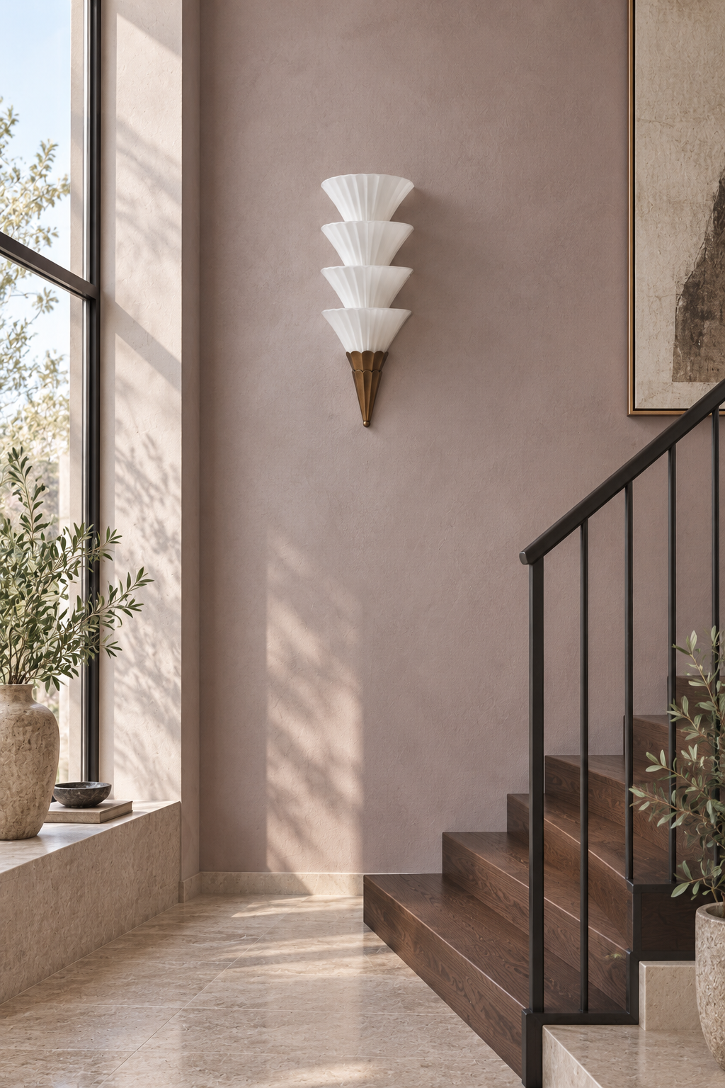 Fanelisse fluted glass wall sconce in Antique Bronze - Four-tier daylight staircase, unlit