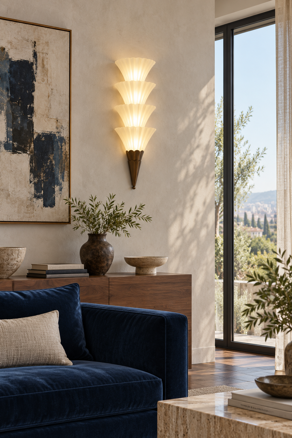 Fanelisse fluted glass wall sconce in Antique Bronze - Four-tier daylight lounge, warm light